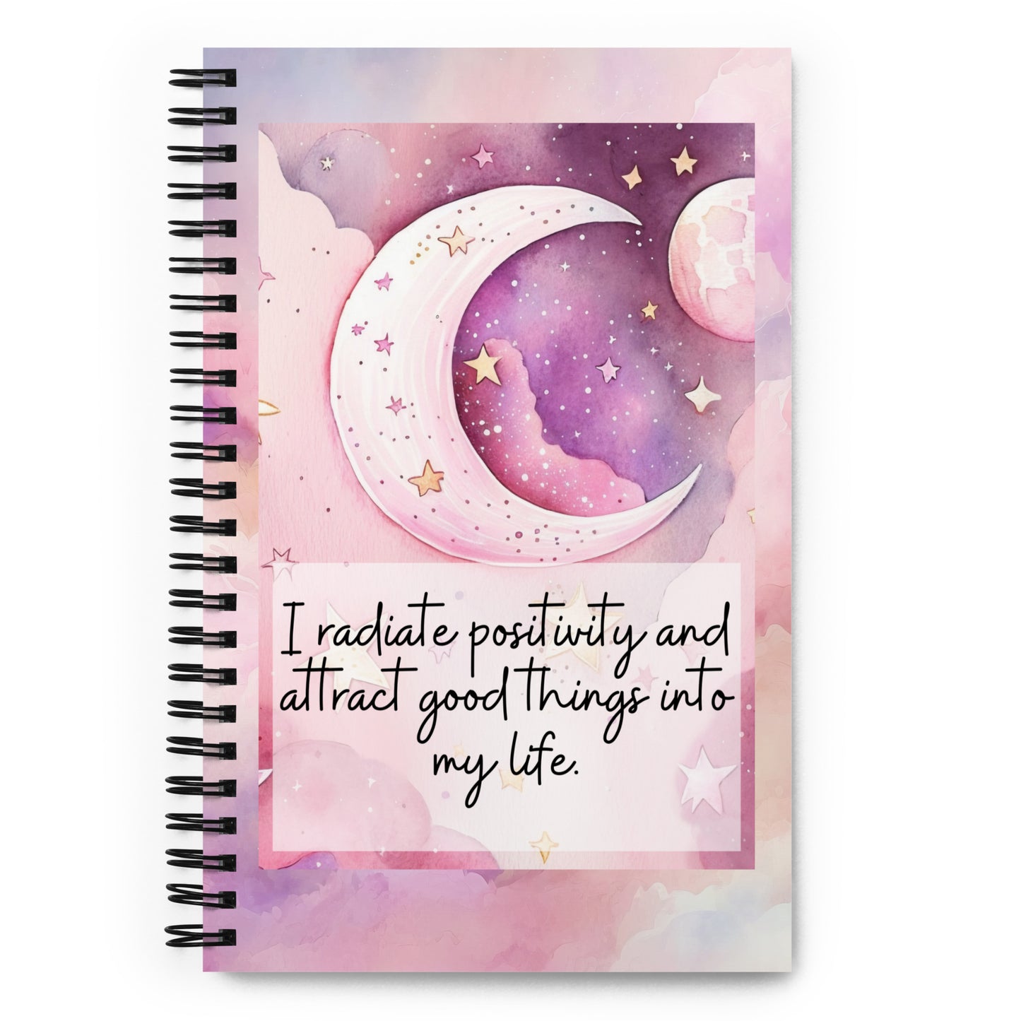 Positivity Affirmation Spiral notebook, I radiate positivity and attract good things into my life, pink, moon, stars, night, sky