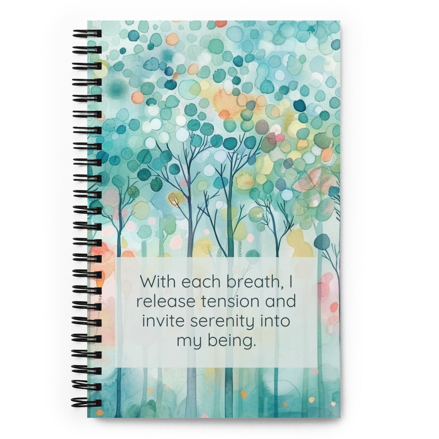 Peaceful Intentions Affirmation spiral notebook, "With each breath, I release tension and invite serenity into my being”, 140 dotted pages