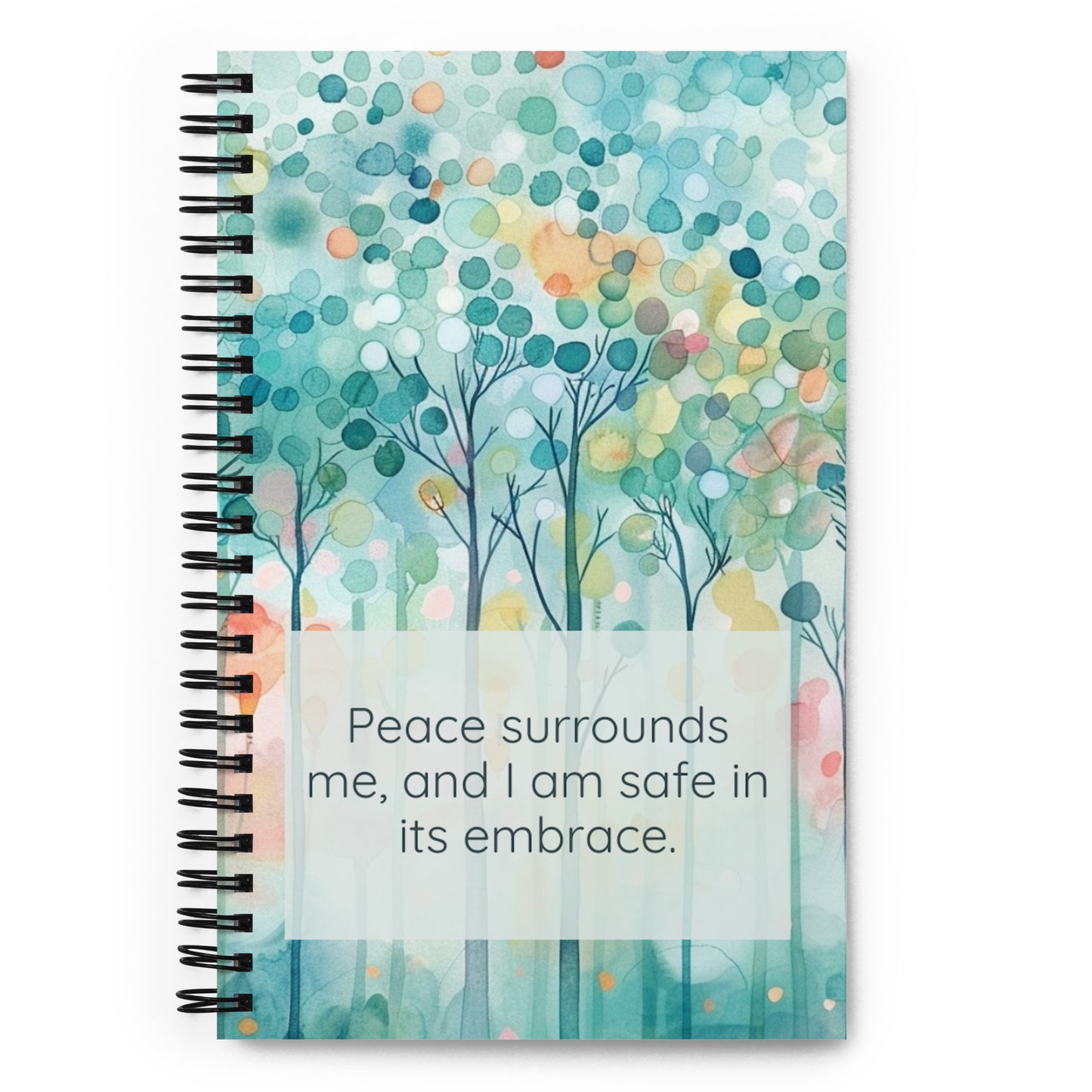 Peaceful Intentions Affirmation spiral notebook, "Peace surrounds me, and I am safe in its embrace.”, 140 dotted pages