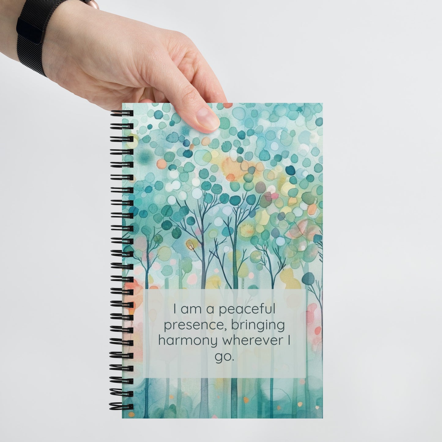 Peaceful Intentions Affirmation spiral notebook, "I am a peaceful presence, bringing harmony wherever I go.”, 140 dotted pages