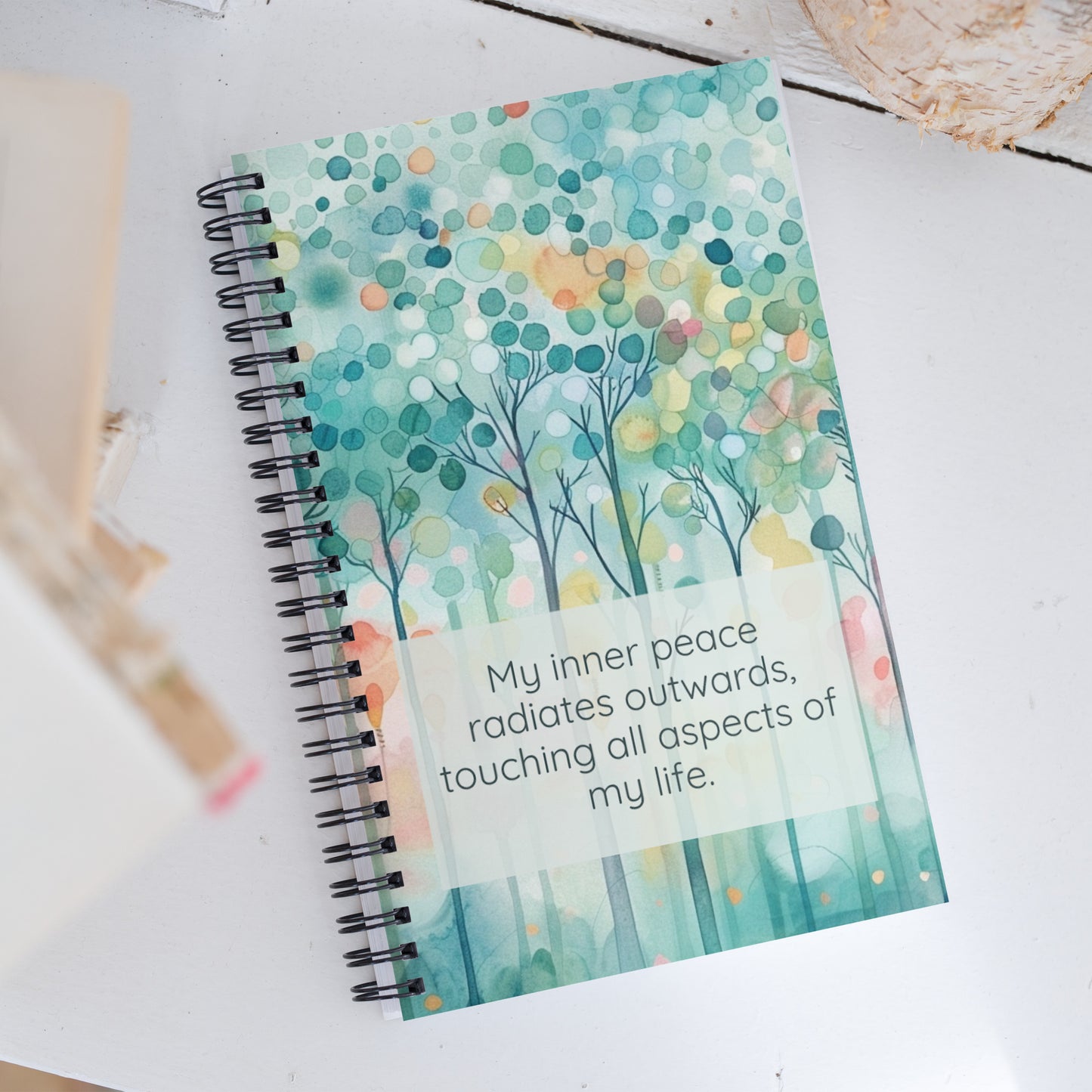 Peaceful Intentions Affirmation spiral notebook, "My inner peace radiates outwards, touching all aspects of my life. ”, 140 dotted pages