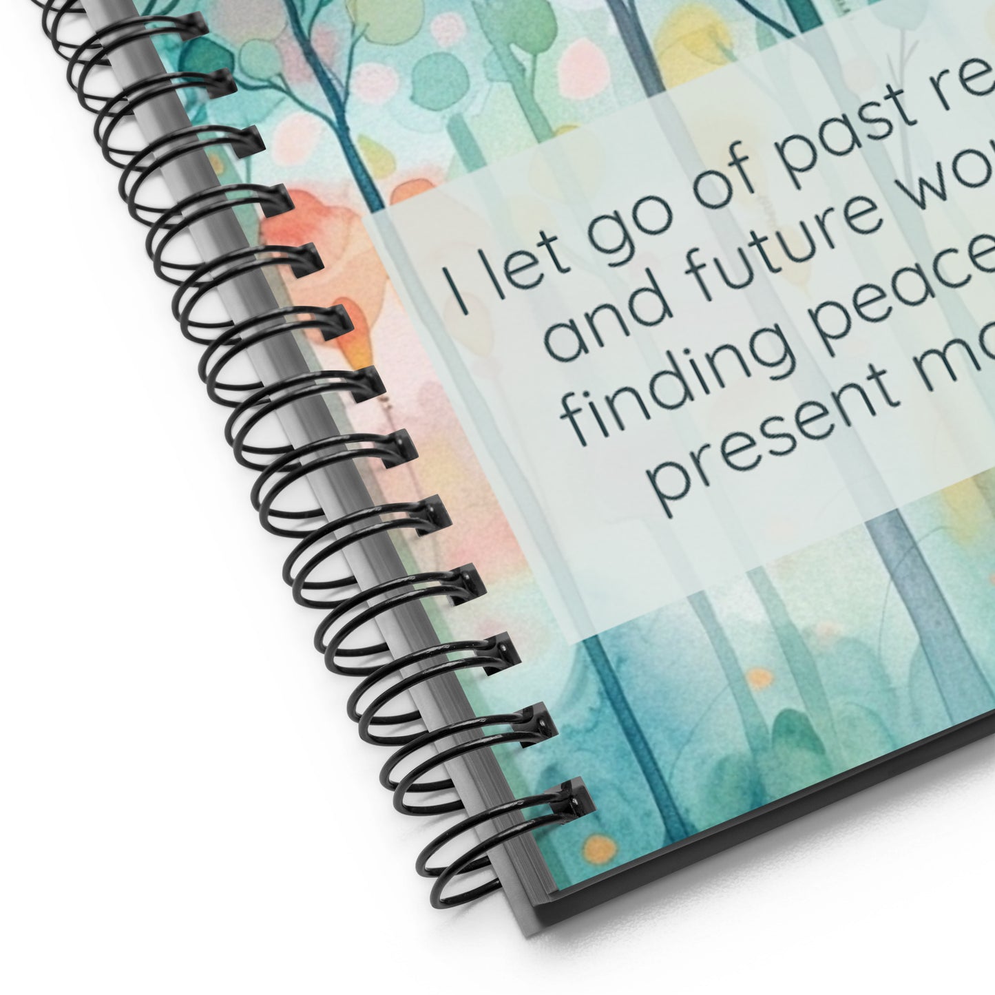 Peaceful Intentions Affirmation spiral notebook, "I let go of past regrets and future worries, finding peace in the present moment.”, 140 dotted pages