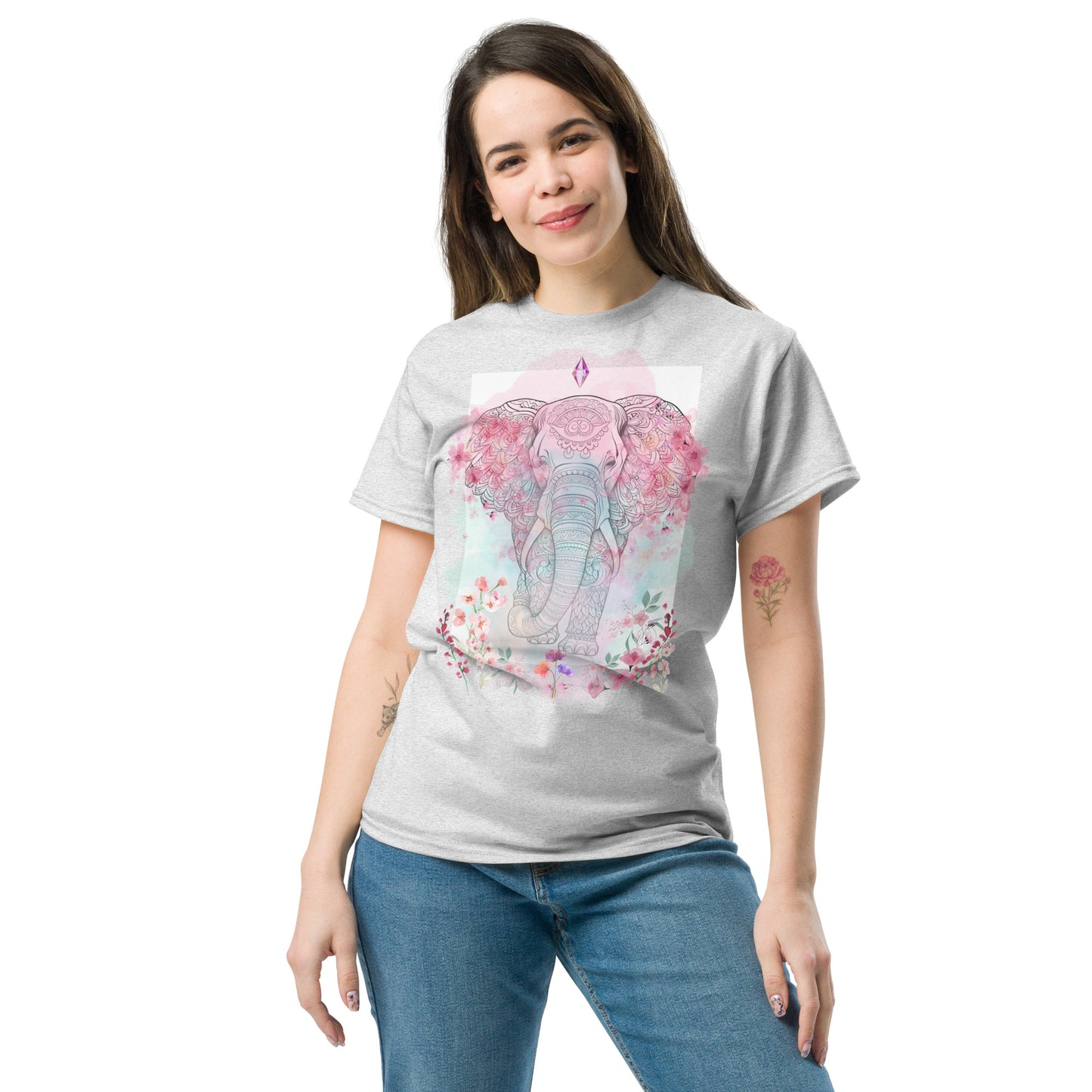 Unisex classic tee, floral and crystal elephant mandala design, pastel colours, soft look