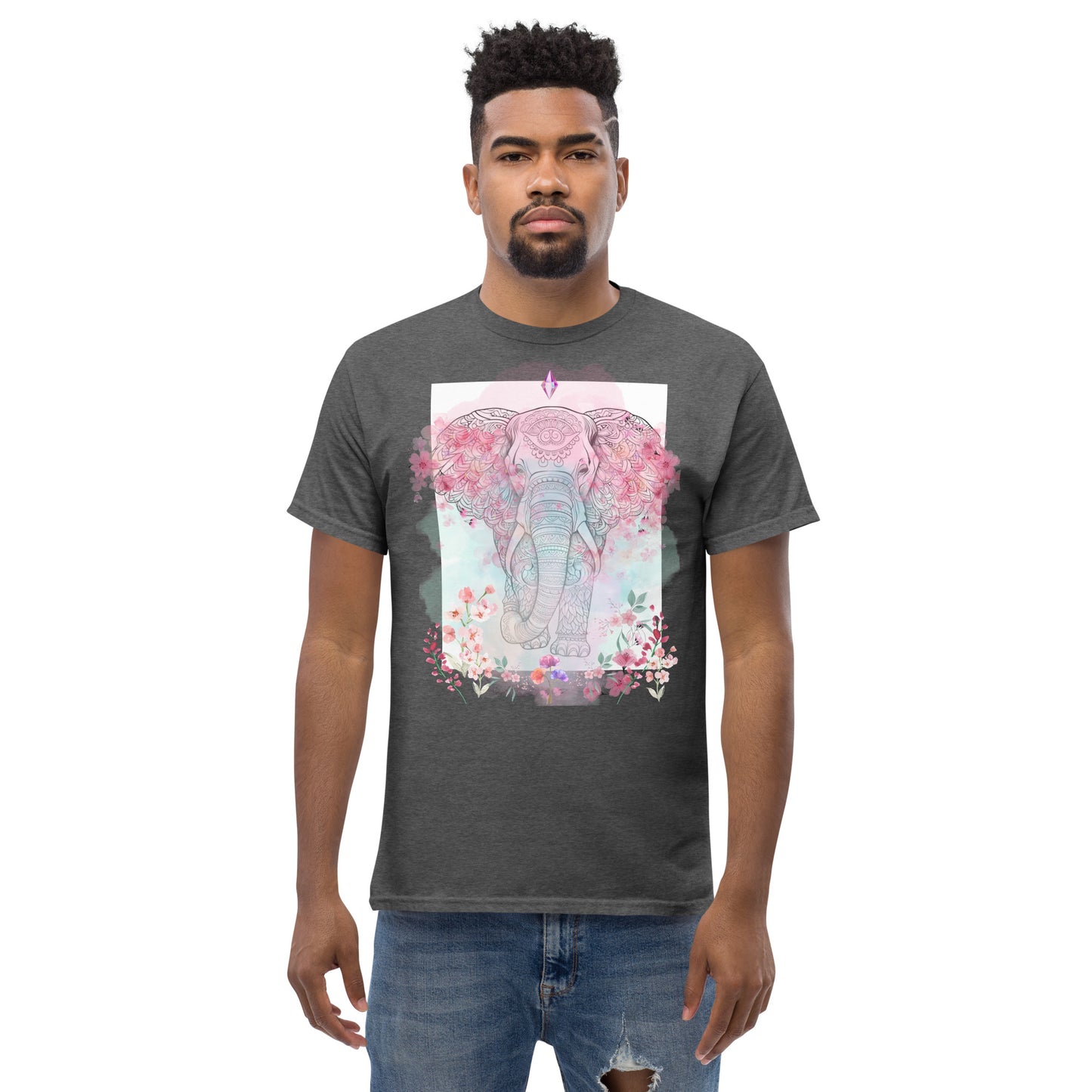 Unisex classic tee, floral and crystal elephant mandala design, pastel colours, soft look