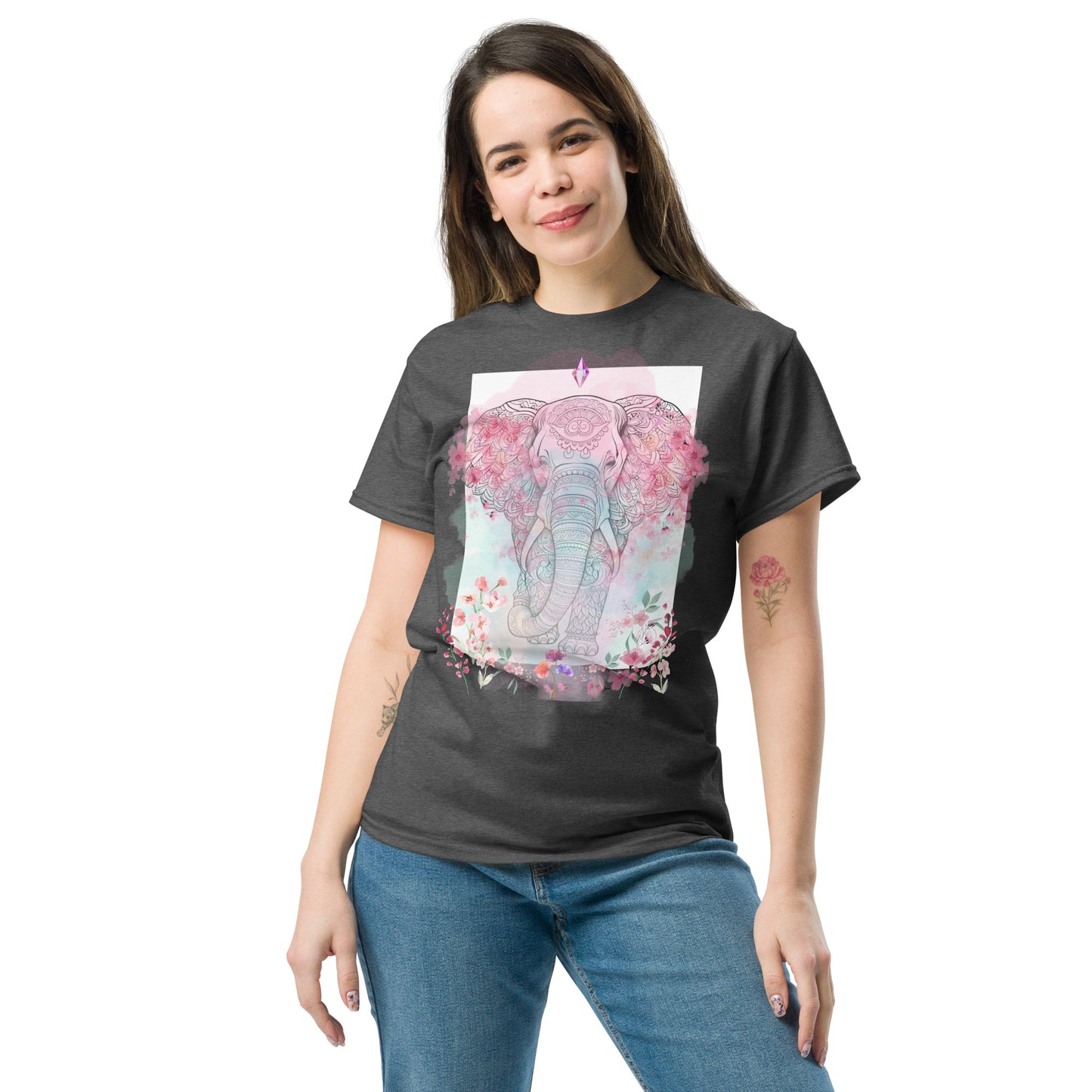 Unisex classic tee, floral and crystal elephant mandala design, pastel colours, soft look