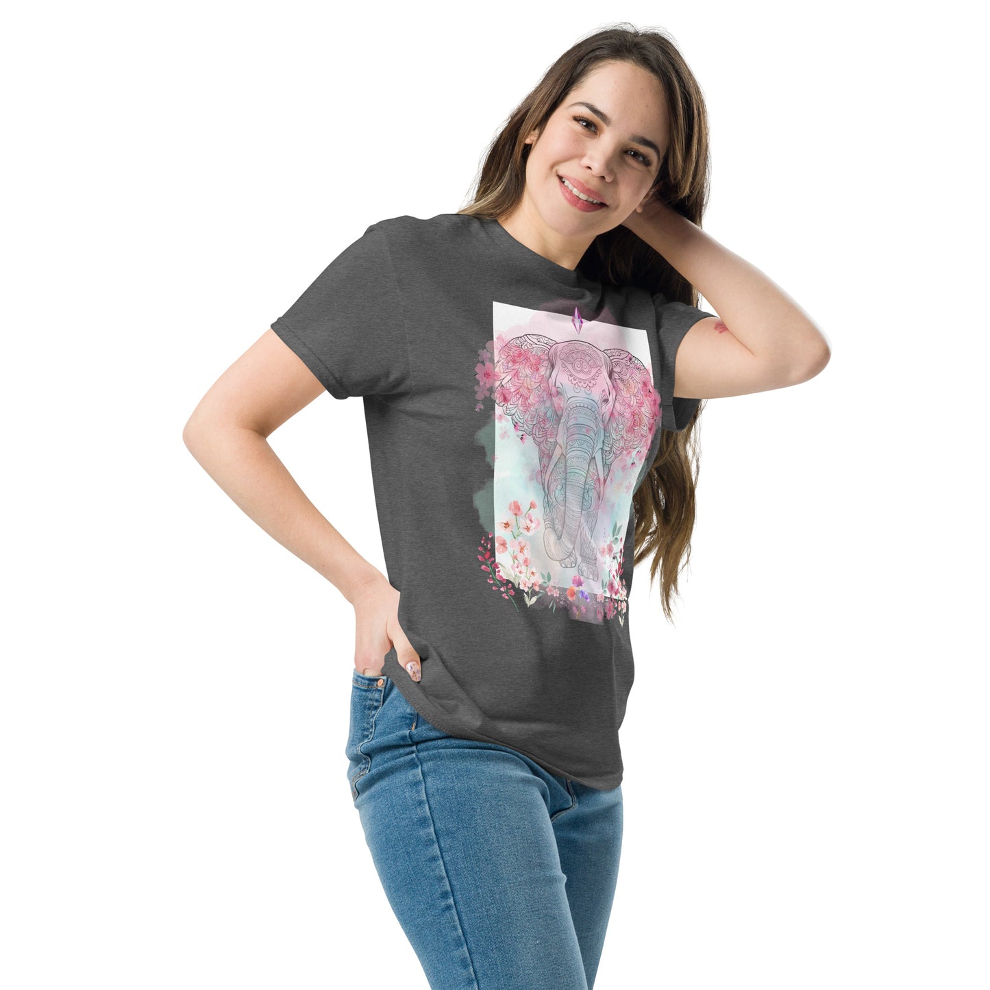 Unisex classic tee, floral and crystal elephant mandala design, pastel colours, soft look