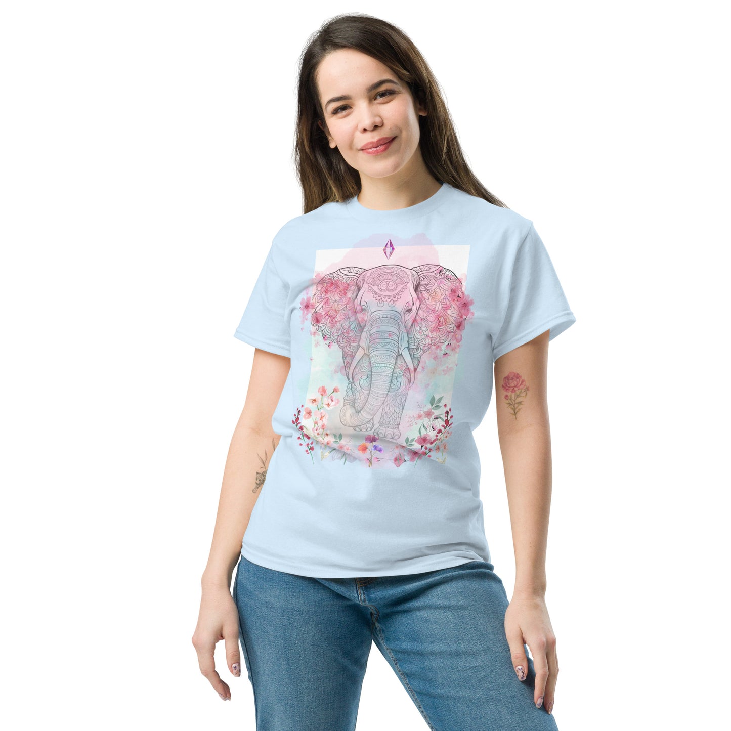 Unisex classic tee, floral and crystal elephant mandala design, pastel colours, soft look