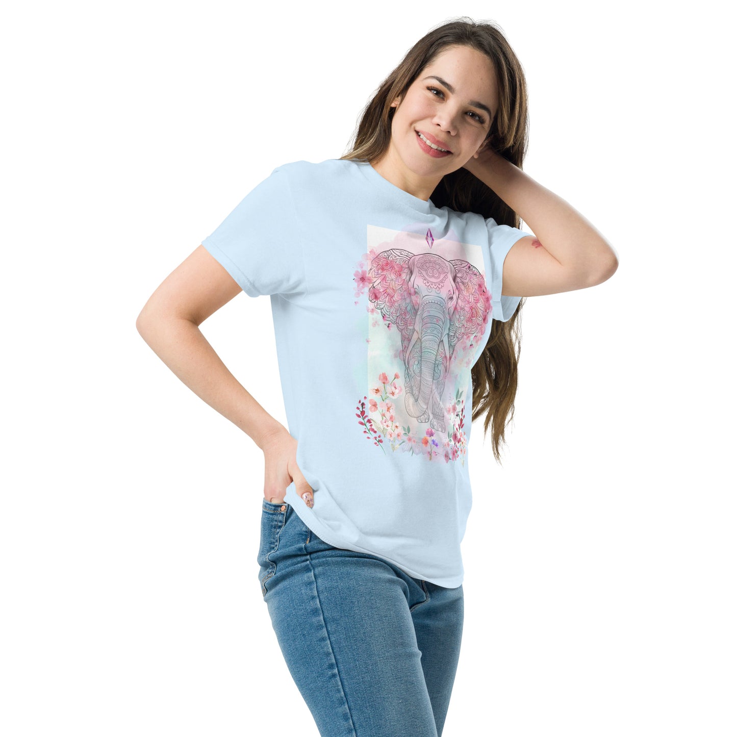 Unisex classic tee, floral and crystal elephant mandala design, pastel colours, soft look