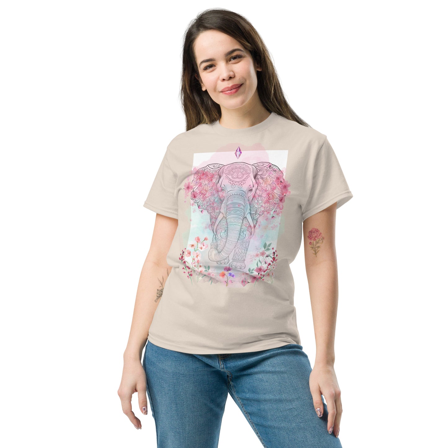 Unisex classic tee, floral and crystal elephant mandala design, pastel colours, soft look