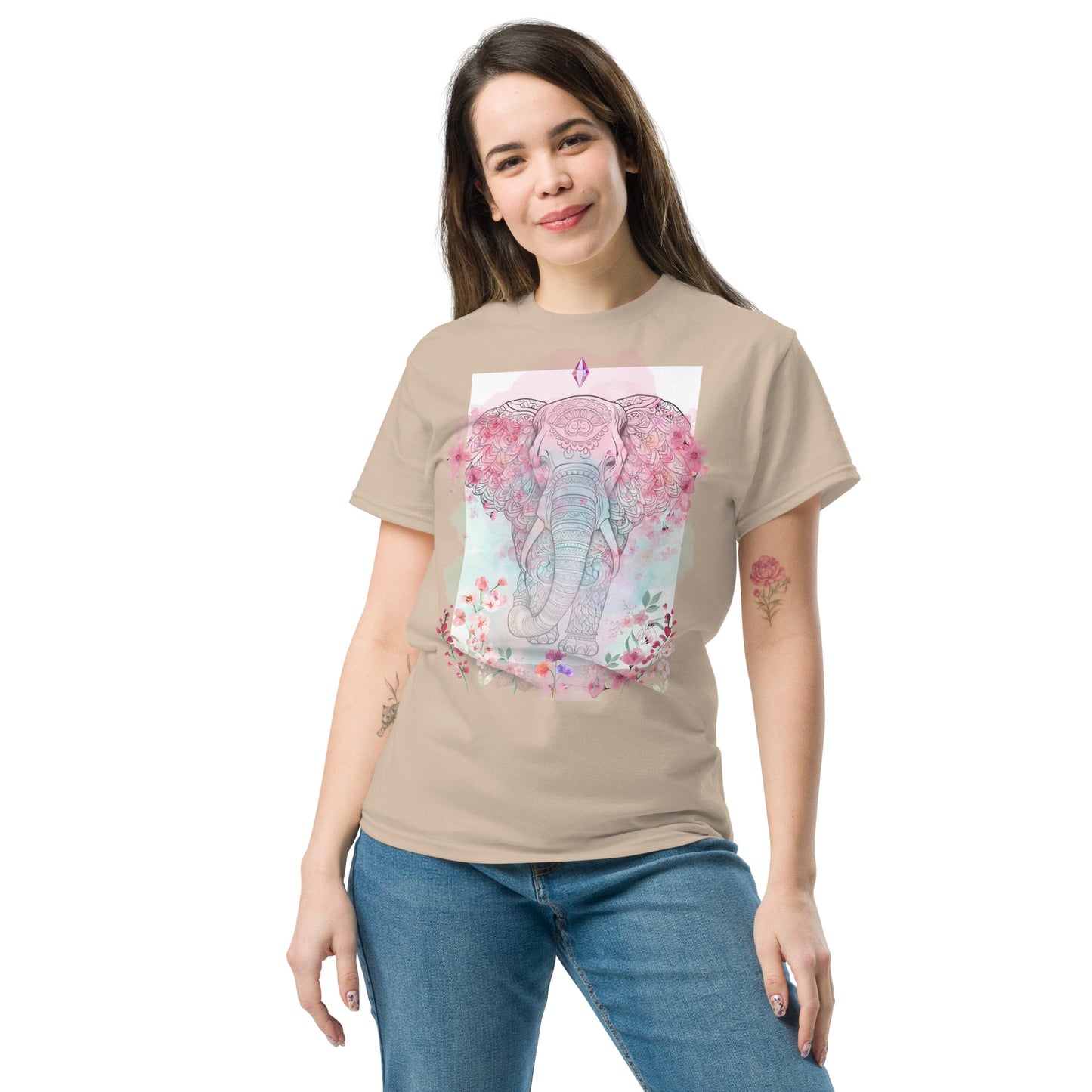 Unisex classic tee, floral and crystal elephant mandala design, pastel colours, soft look