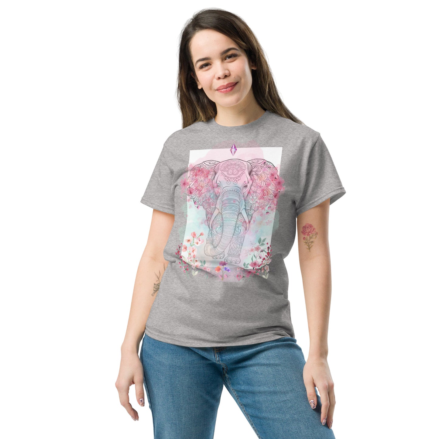 Unisex classic tee, floral and crystal elephant mandala design, pastel colours, soft look