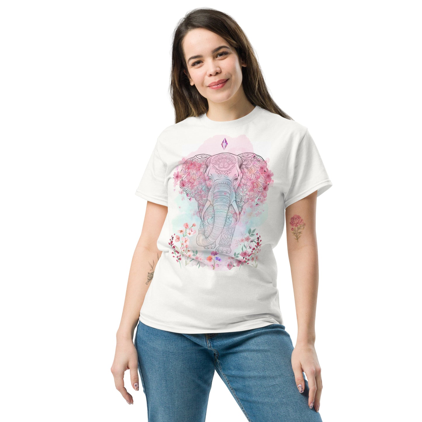 Unisex classic tee, floral and crystal elephant mandala design, pastel colours, soft look