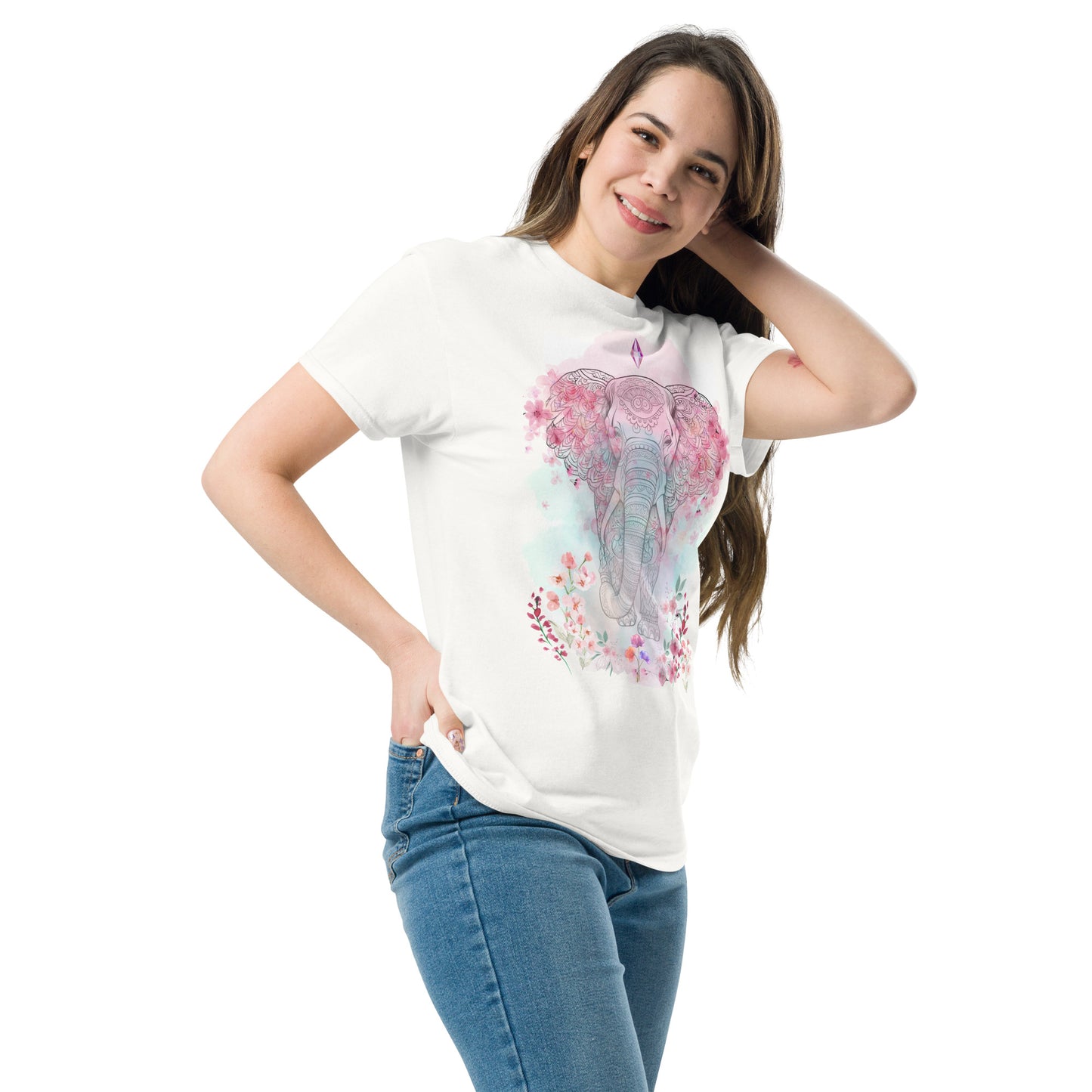 Unisex classic tee, floral and crystal elephant mandala design, pastel colours, soft look