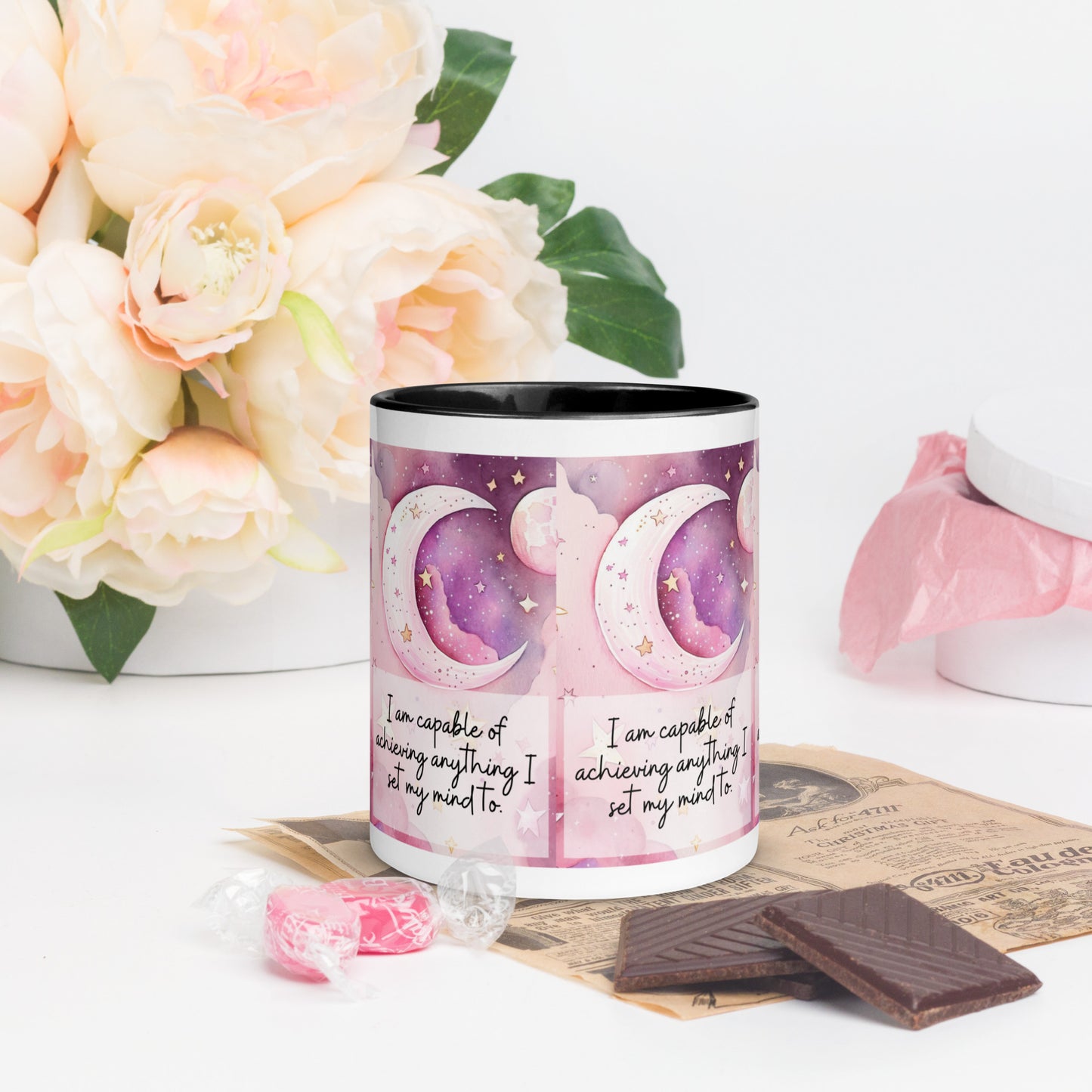 Positivity Affirmation Mug with Color Inside, I am capable of achieving anything I set my mind to, pink moon, stars, night sky