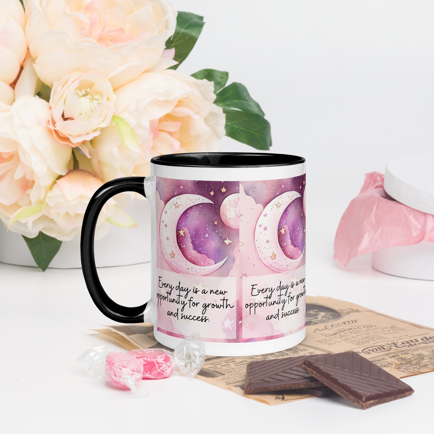 Positivity Affirmation Mug with Color Inside, Everyday is a new opportunity for growth and success, pink moon, stars, night sky