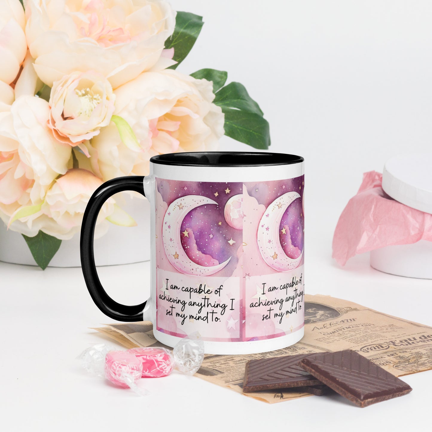 Positivity Affirmation Mug with Color Inside, I am capable of achieving anything I set my mind to, pink moon, stars, night sky