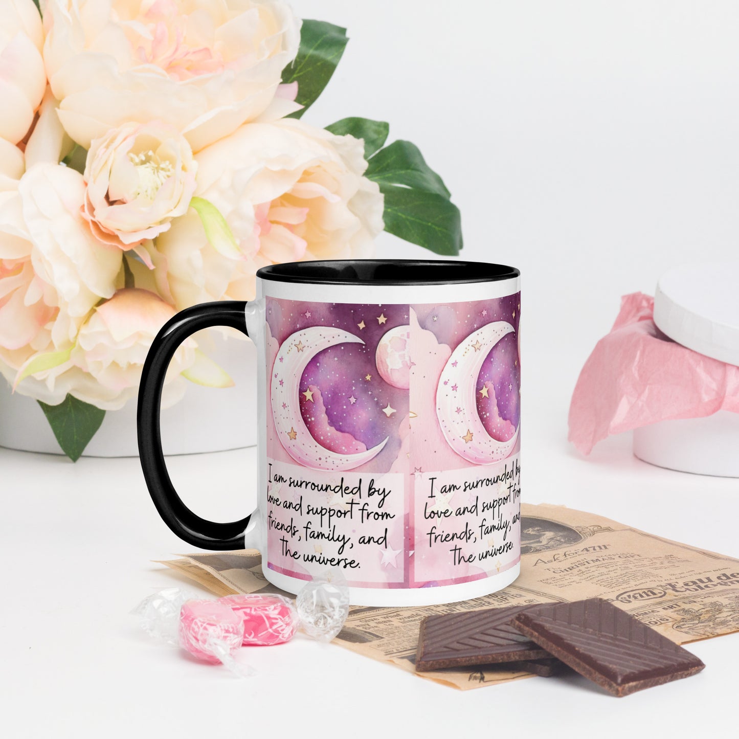 Positivity Affirmation Mug with Color Inside, I am surrounded by love and support from friends, family, and the universe, pink moon, stars, night sky