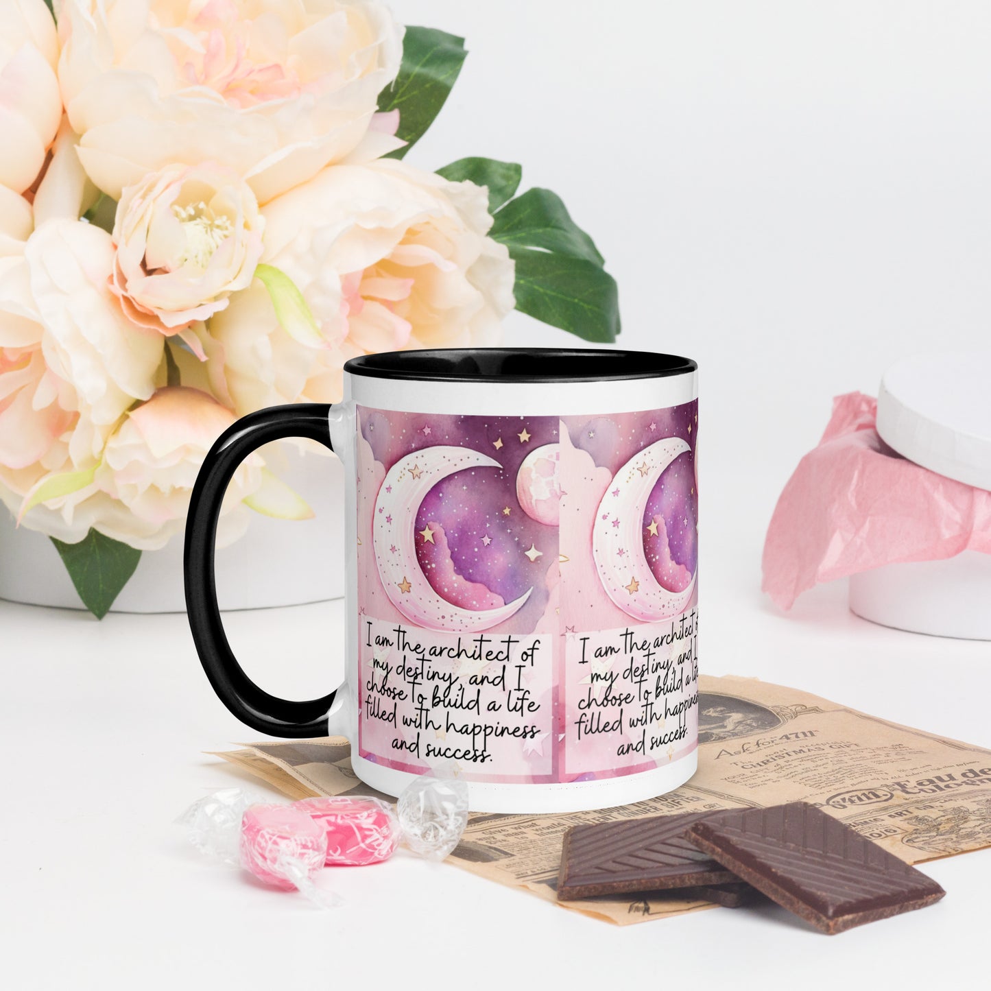 Positivity Affirmation Mug with Color Inside, I am the architect of my destiny, and I choose to build a life filled with happiness and success, pink moon, stars, night sky