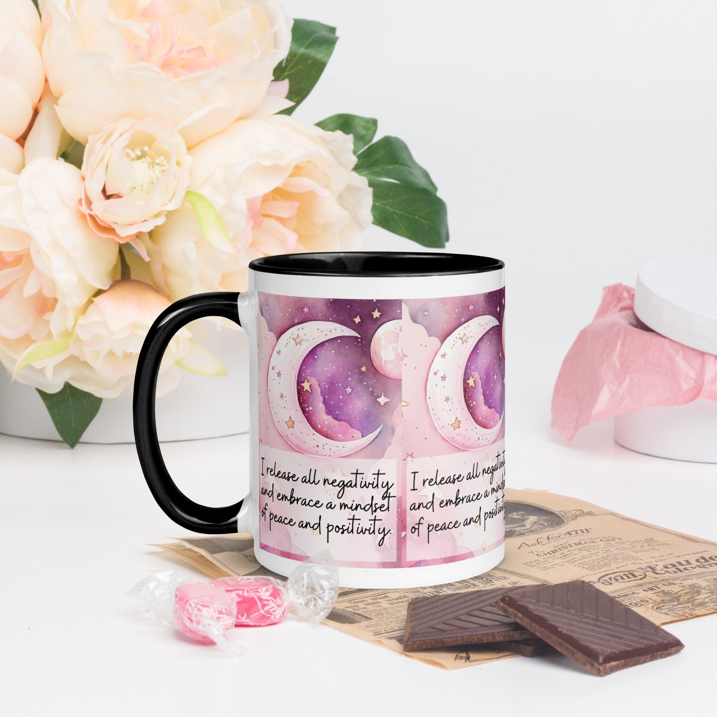 Positivity Affirmation Mug with Color Inside, I release all negativity and embrace a mindset of peace and positivity, pink moon, stars, night sky