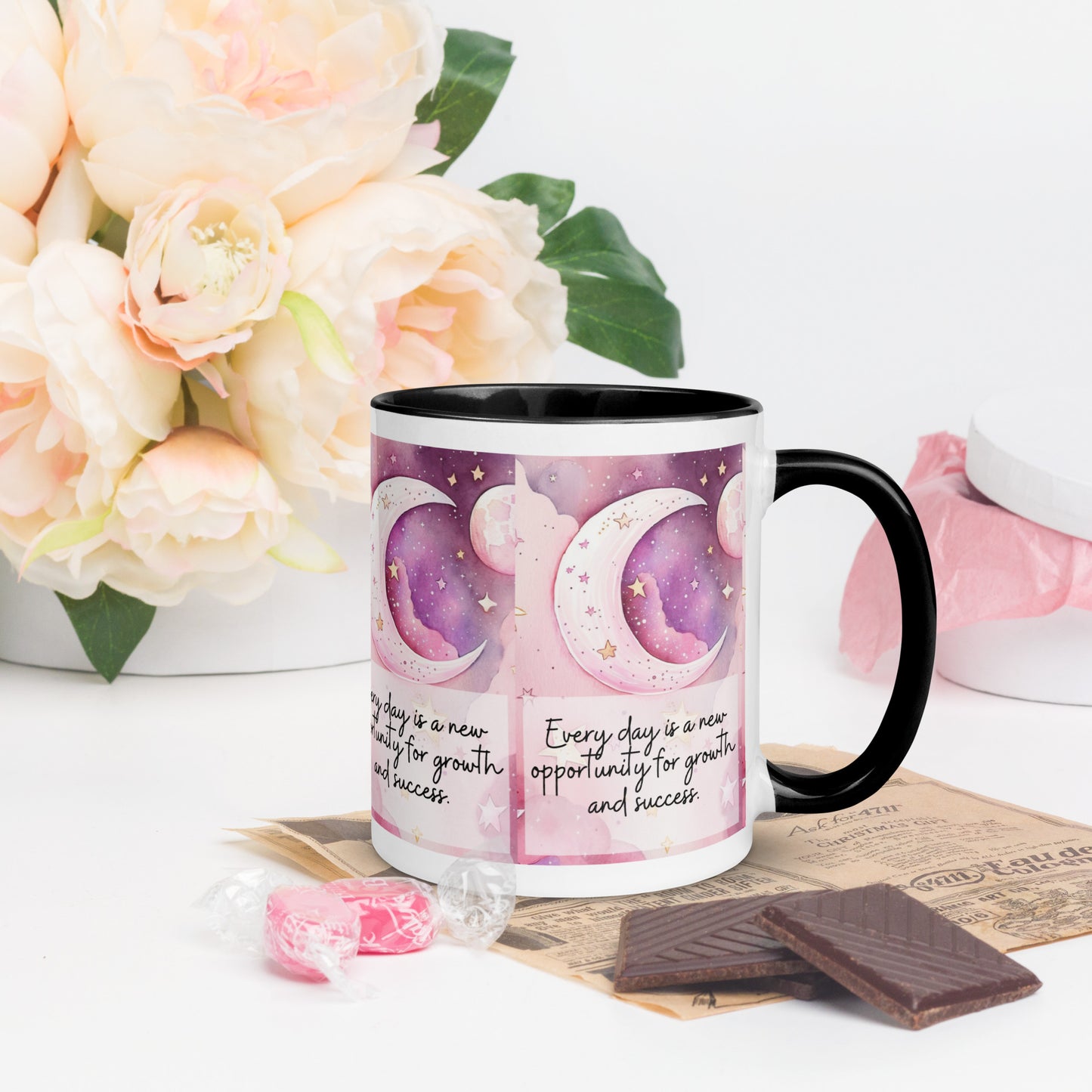 Positivity Affirmation Mug with Color Inside, Everyday is a new opportunity for growth and success, pink moon, stars, night sky