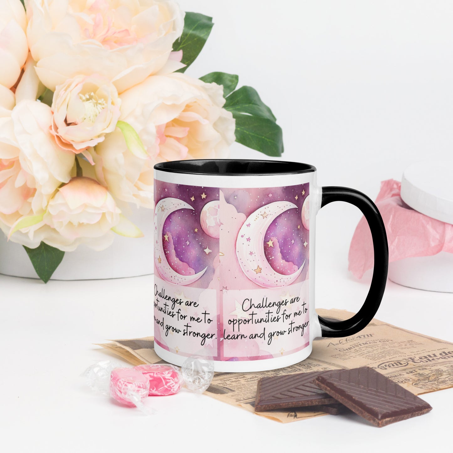 Positivity Affirmation Mug with Color Inside, Challenges are opportunities for me to learn and grow stronger, pink moon, stars, night sky