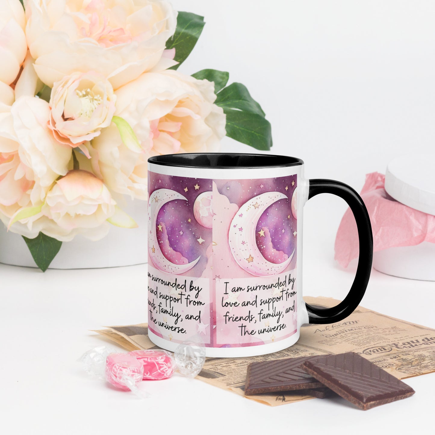 Positivity Affirmation Mug with Color Inside, I am surrounded by love and support from friends, family, and the universe, pink moon, stars, night sky