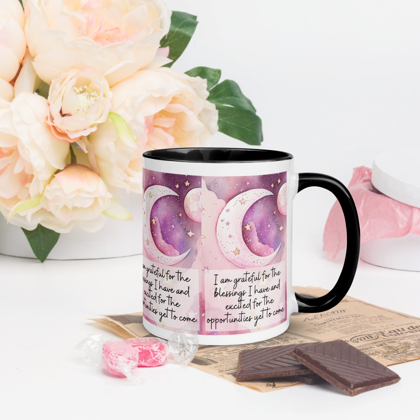 Positivity Affirmation Mug with Color Inside, I am grateful for the blessings I have and excited for the opportunities yet to come, pink moon, stars, night sky