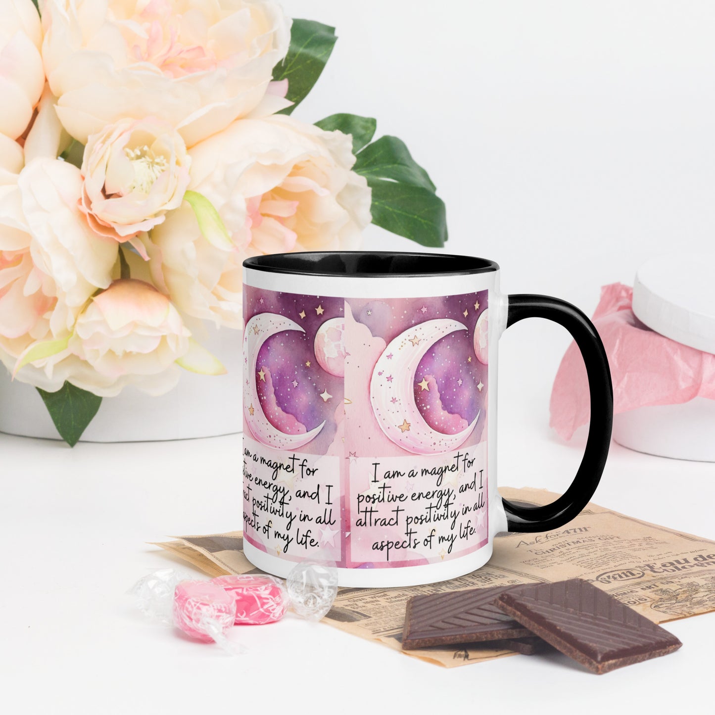 Positivity Affirmation Mug with Color Inside, I am a magnet for positive energy, and I attract positivity in all aspects of my life, pink moon, stars, night sky