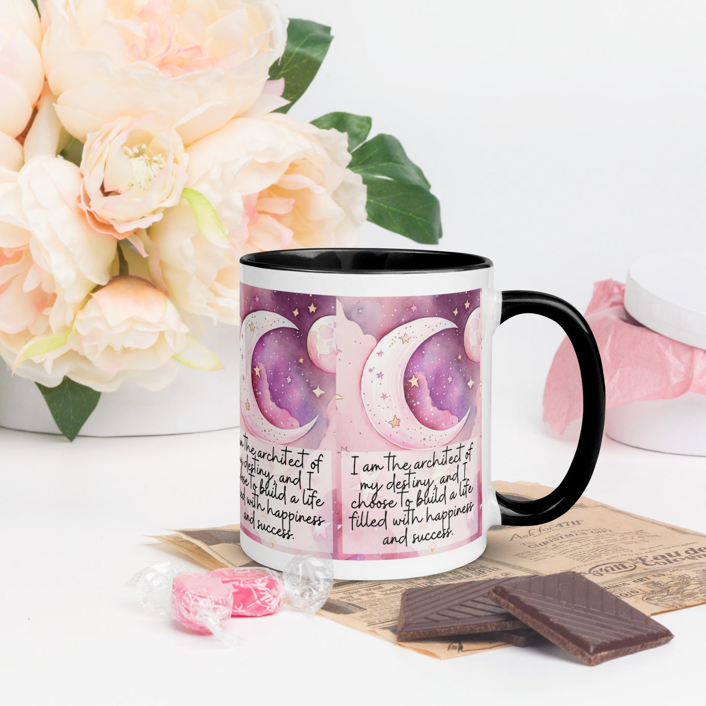 Positivity Affirmation Mug with Color Inside, I am the architect of my destiny, and I choose to build a life filled with happiness and success, pink moon, stars, night sky