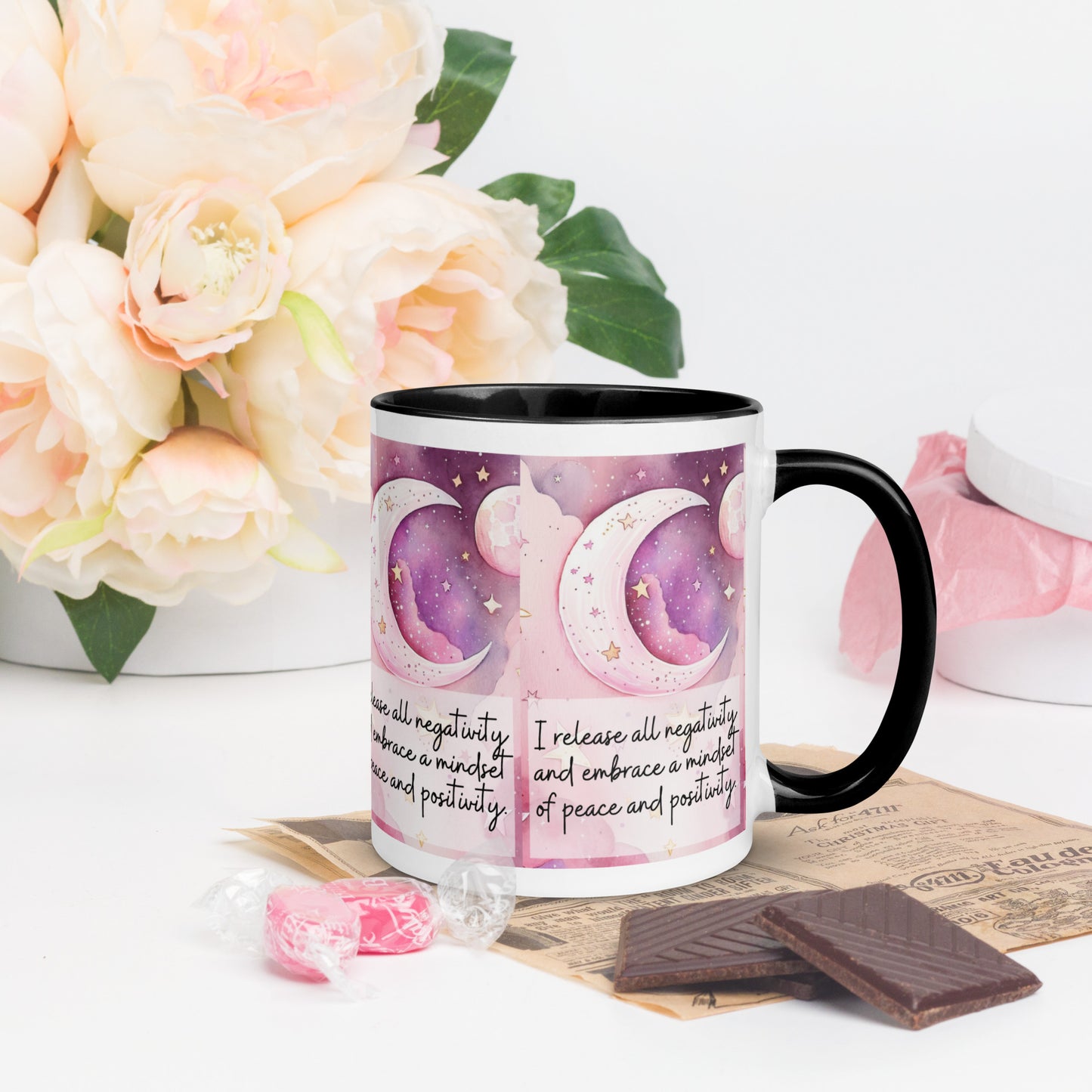 Positivity Affirmation Mug with Color Inside, I release all negativity and embrace a mindset of peace and positivity, pink moon, stars, night sky