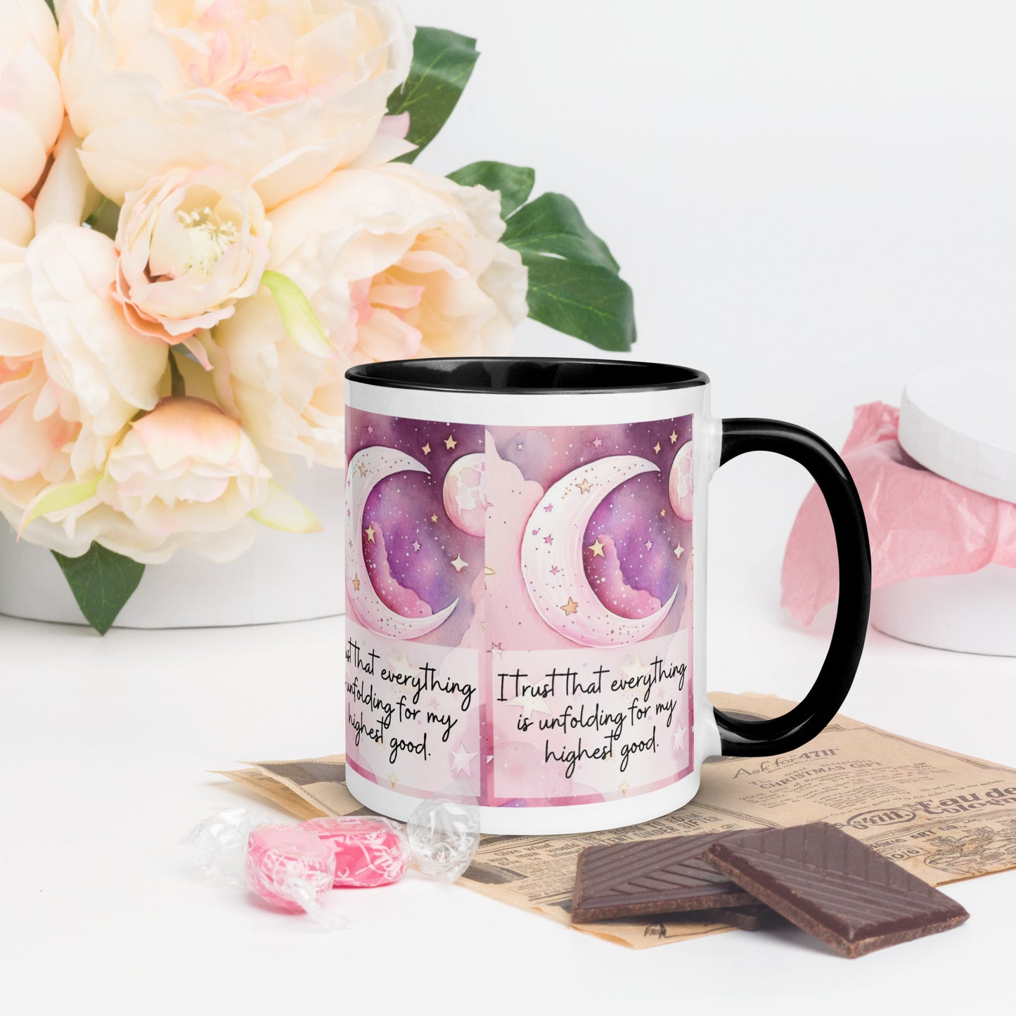 Positivity Affirmation Mug with Color Inside, I trust that everything is unfolding for my highest good , pink moon, stars, night sky