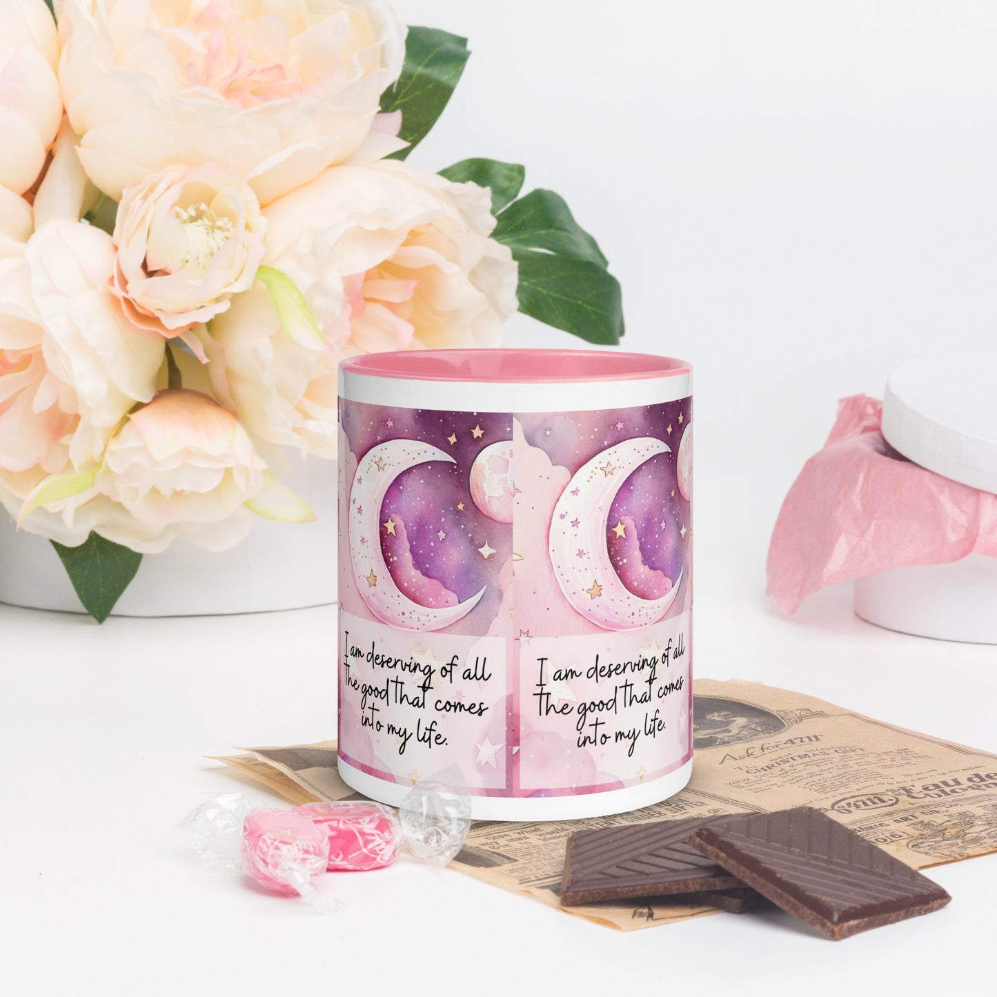 Positivity Affirmation Mug with Color Inside, I am deserving of all the good that comes into my life, pink moon, stars, night sky