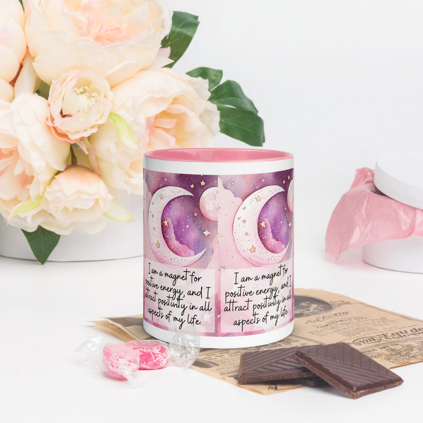 Positivity Affirmation Mug with Color Inside, I am a magnet for positive energy, and I attract positivity in all aspects of my life, pink moon, stars, night sky