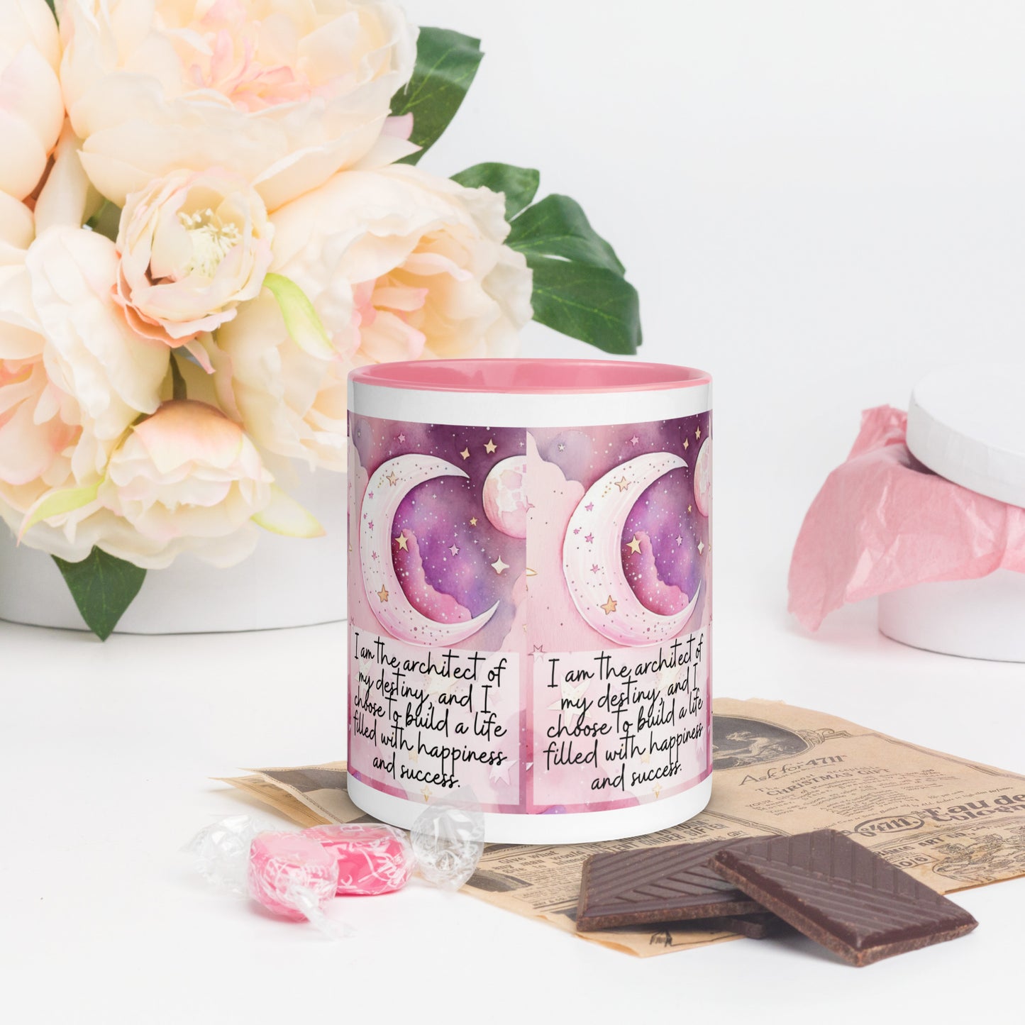 Positivity Affirmation Mug with Color Inside, I am the architect of my destiny, and I choose to build a life filled with happiness and success, pink moon, stars, night sky