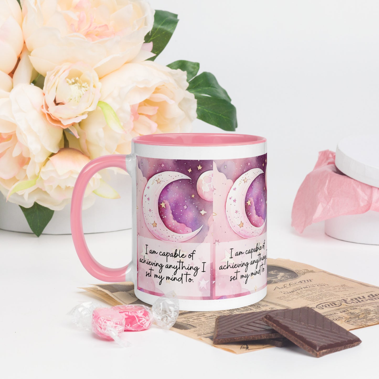 Positivity Affirmation Mug with Color Inside, I am capable of achieving anything I set my mind to, pink moon, stars, night sky