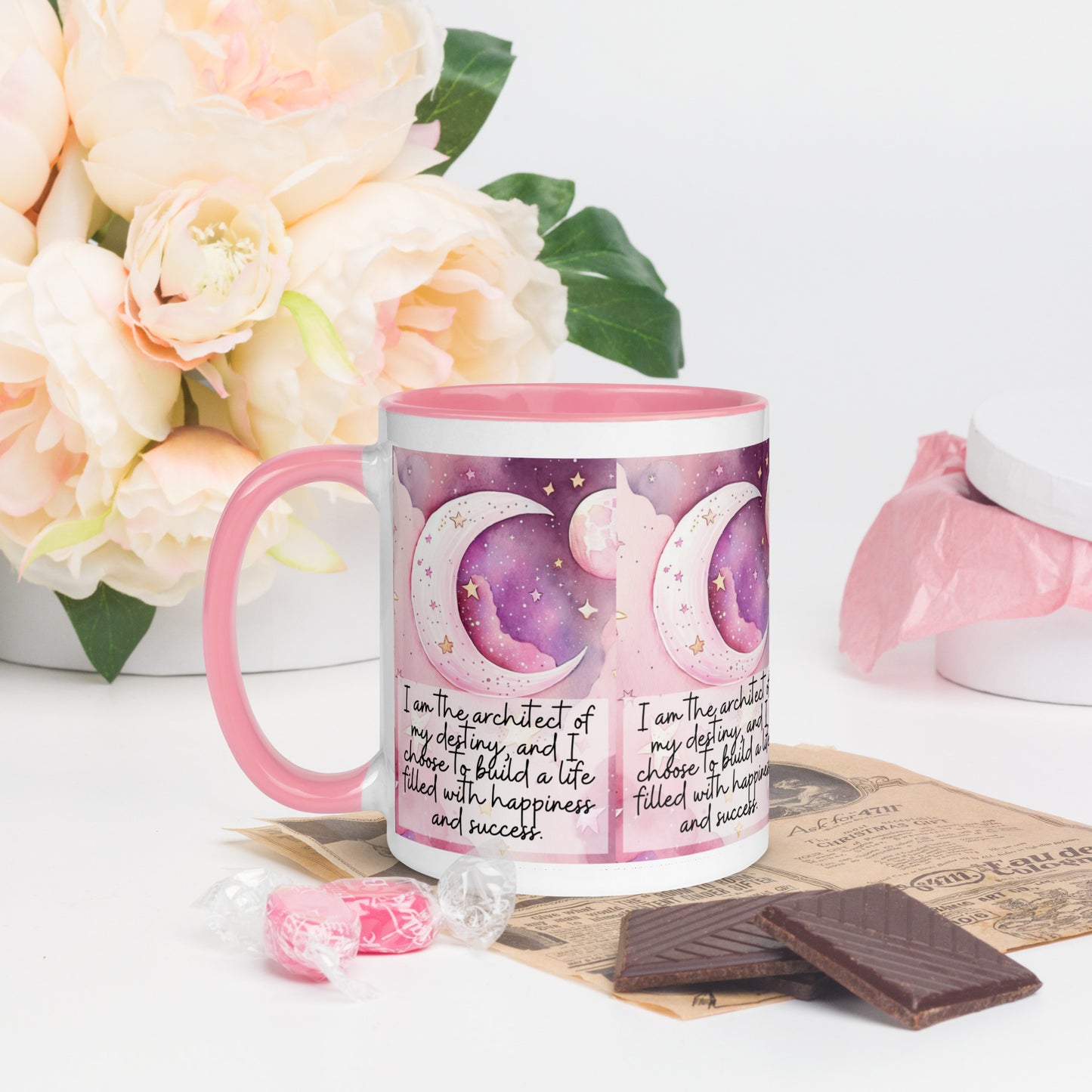 Positivity Affirmation Mug with Color Inside, I am the architect of my destiny, and I choose to build a life filled with happiness and success, pink moon, stars, night sky