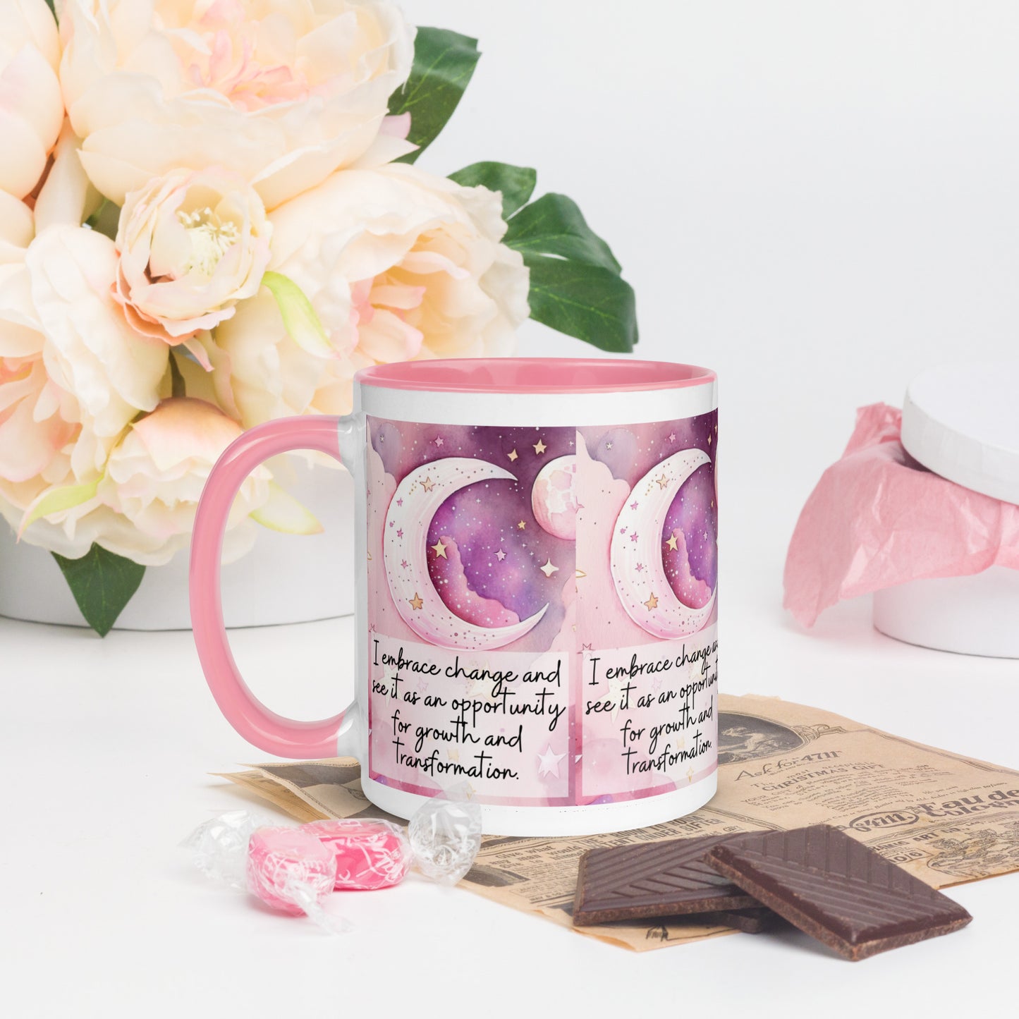 Positivity Affirmation Mug with Color Inside, I embrace change and see it as an opportunity for growth and transformation, pink moon, stars, night sky