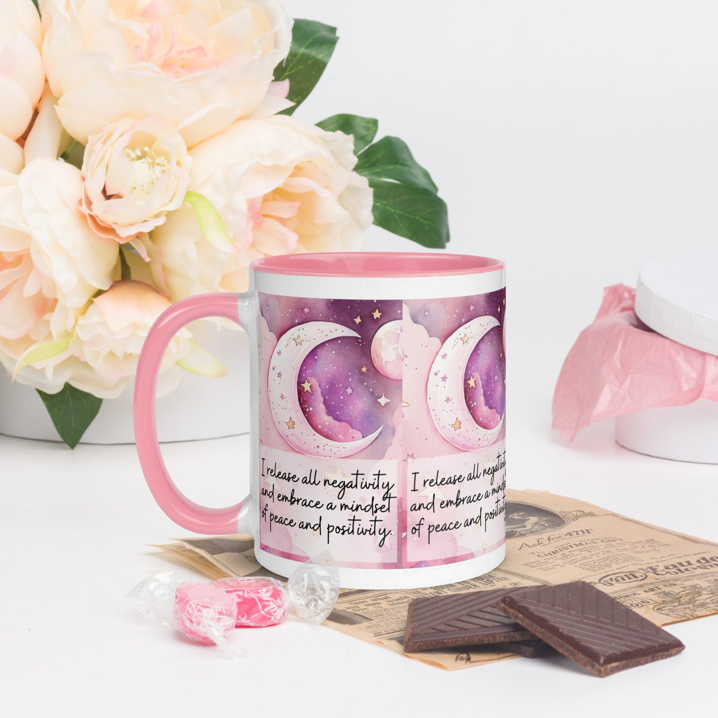 Positivity Affirmation Mug with Color Inside, I release all negativity and embrace a mindset of peace and positivity, pink moon, stars, night sky