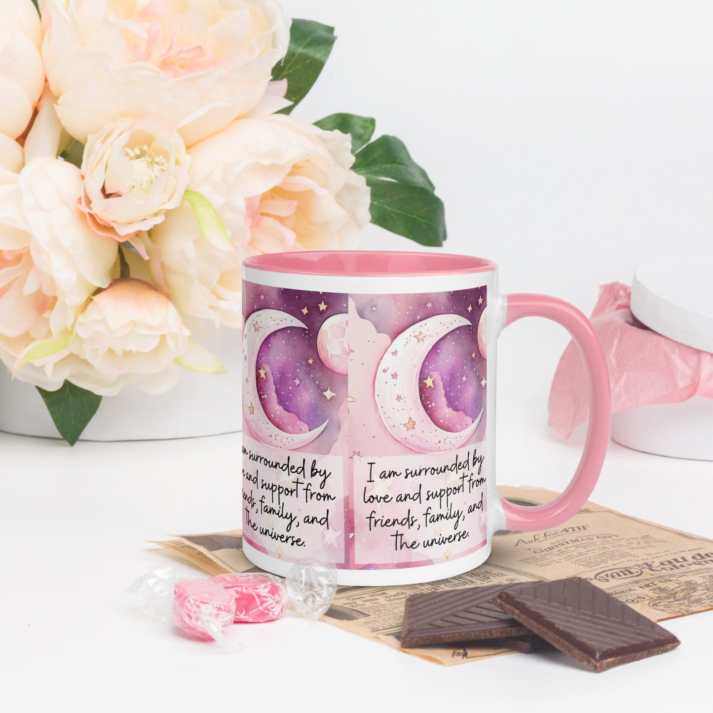 Positivity Affirmation Mug with Color Inside, I am surrounded by love and support from friends, family, and the universe, pink moon, stars, night sky