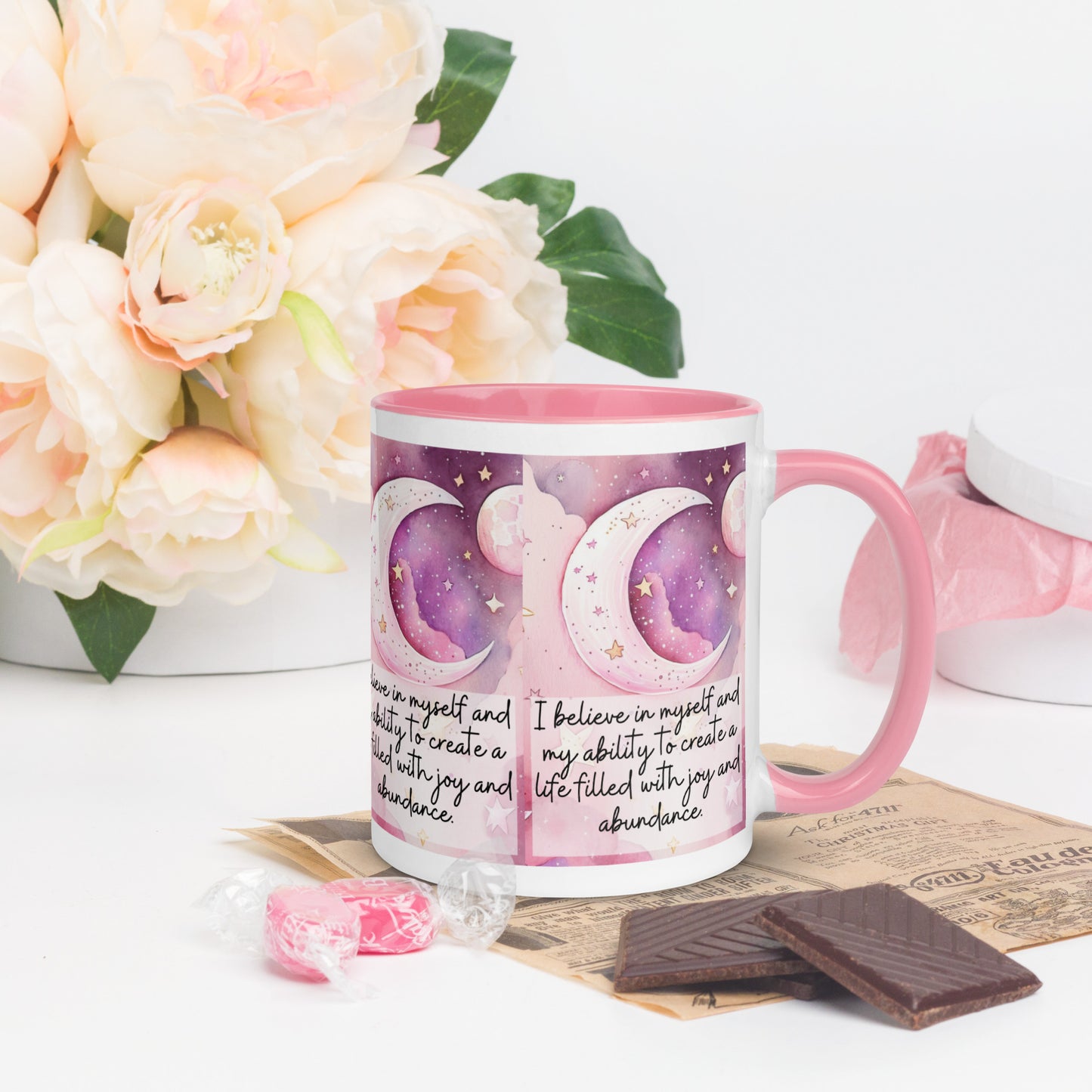 Positivity Affirmation Mug with Color Inside, I believe in myself and my ability’ to create a life filled with joy and abundance, pink moon, stars, night sky