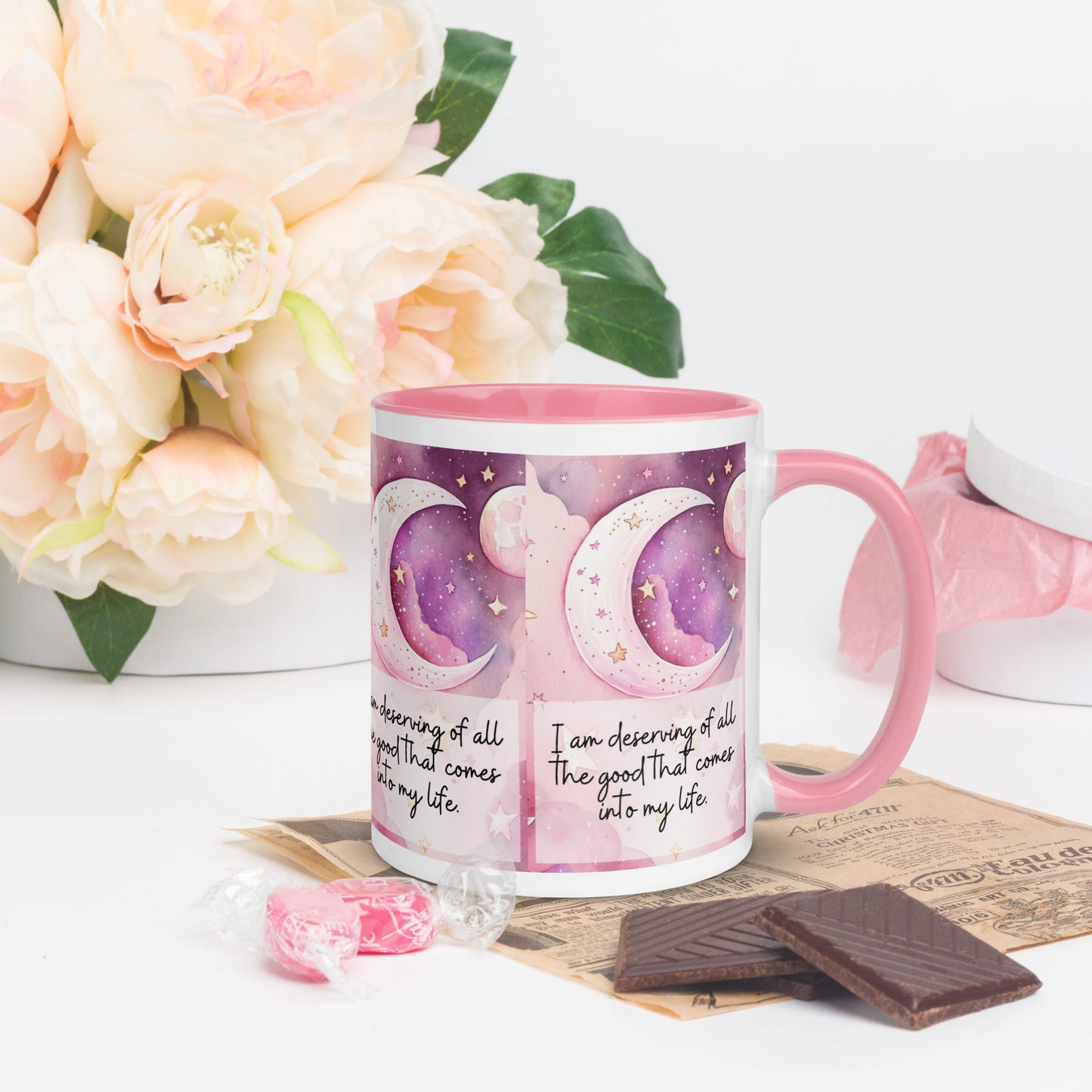 Positivity Affirmation Mug with Color Inside, I am deserving of all the good that comes into my life, pink moon, stars, night sky