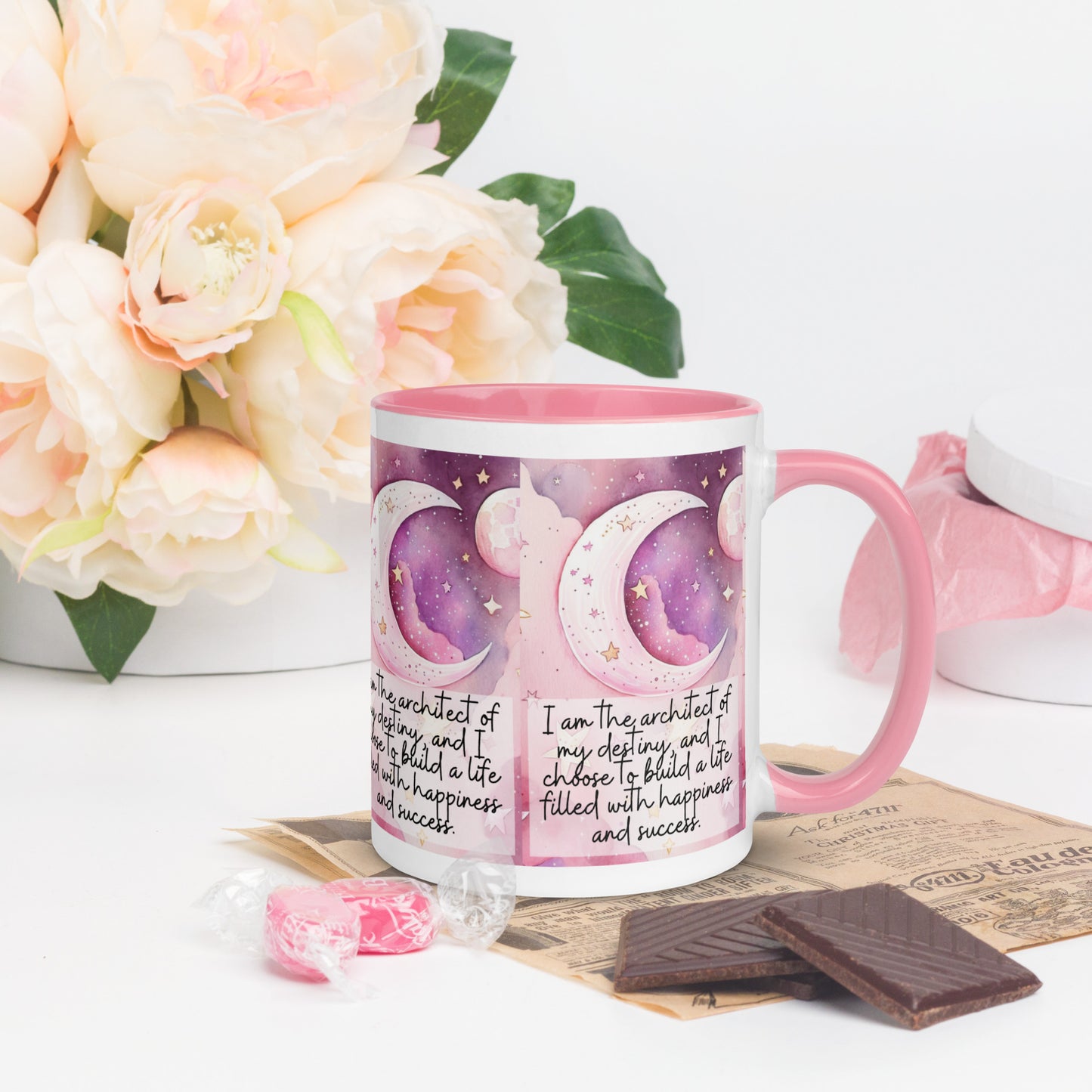 Positivity Affirmation Mug with Color Inside, I am the architect of my destiny, and I choose to build a life filled with happiness and success, pink moon, stars, night sky