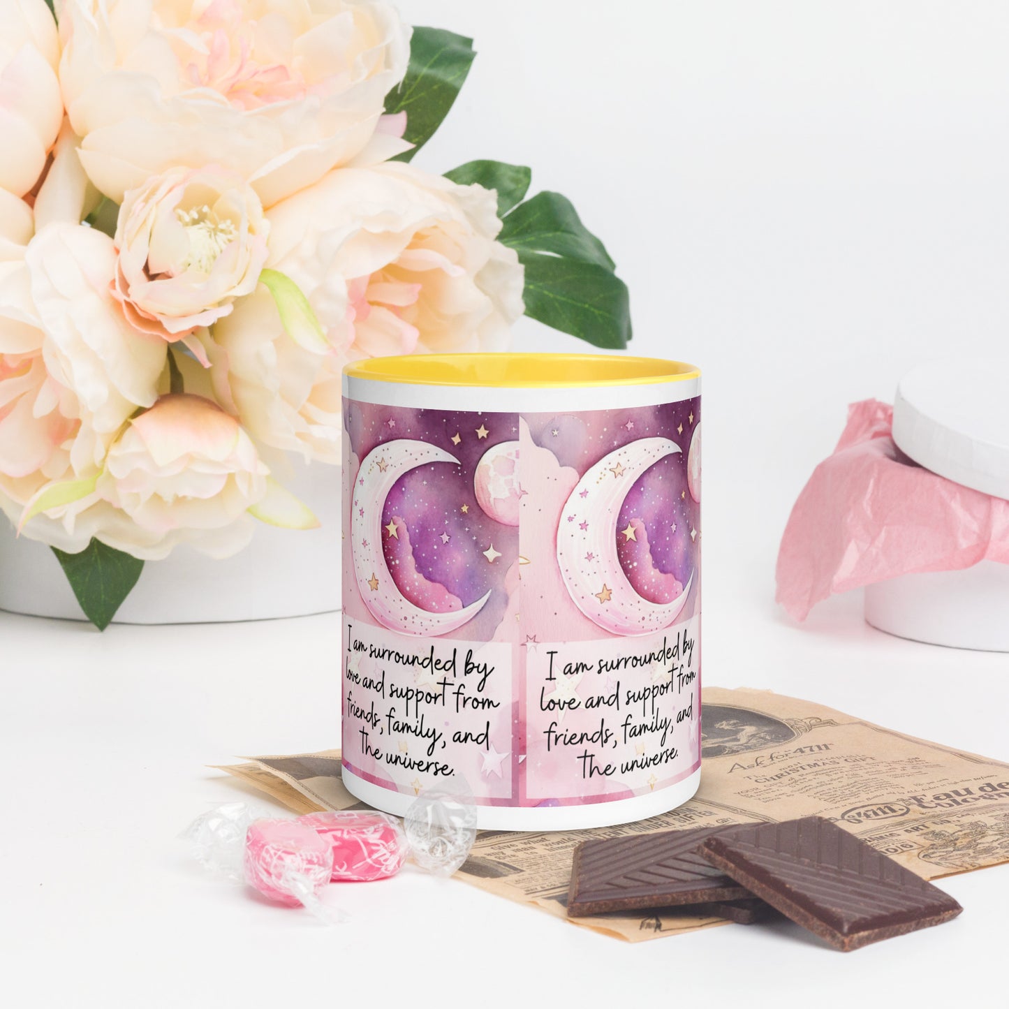 Positivity Affirmation Mug with Color Inside, I am surrounded by love and support from friends, family, and the universe, pink moon, stars, night sky