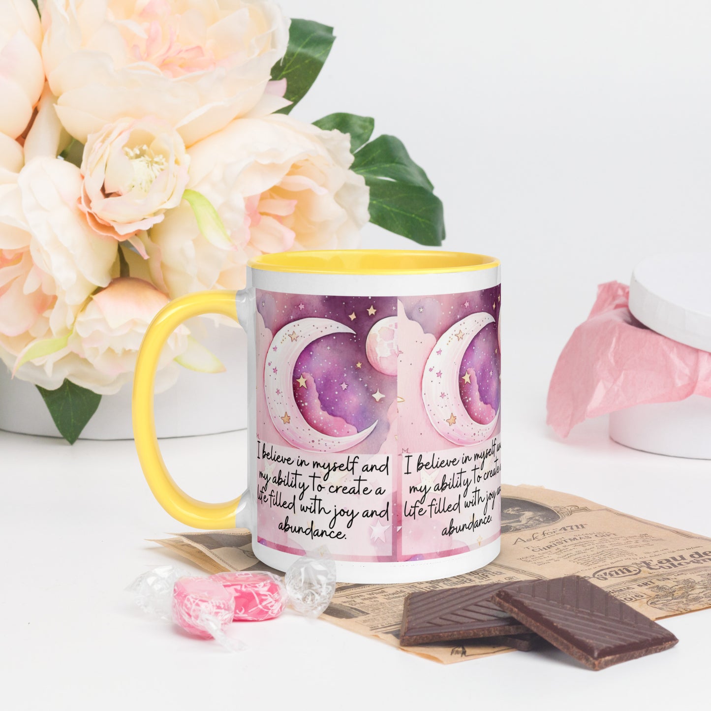 Positivity Affirmation Mug with Color Inside, I believe in myself and my ability’ to create a life filled with joy and abundance, pink moon, stars, night sky