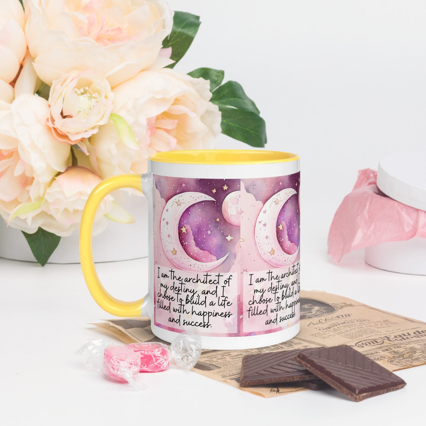 Positivity Affirmation Mug with Color Inside, I am the architect of my destiny, and I choose to build a life filled with happiness and success, pink moon, stars, night sky