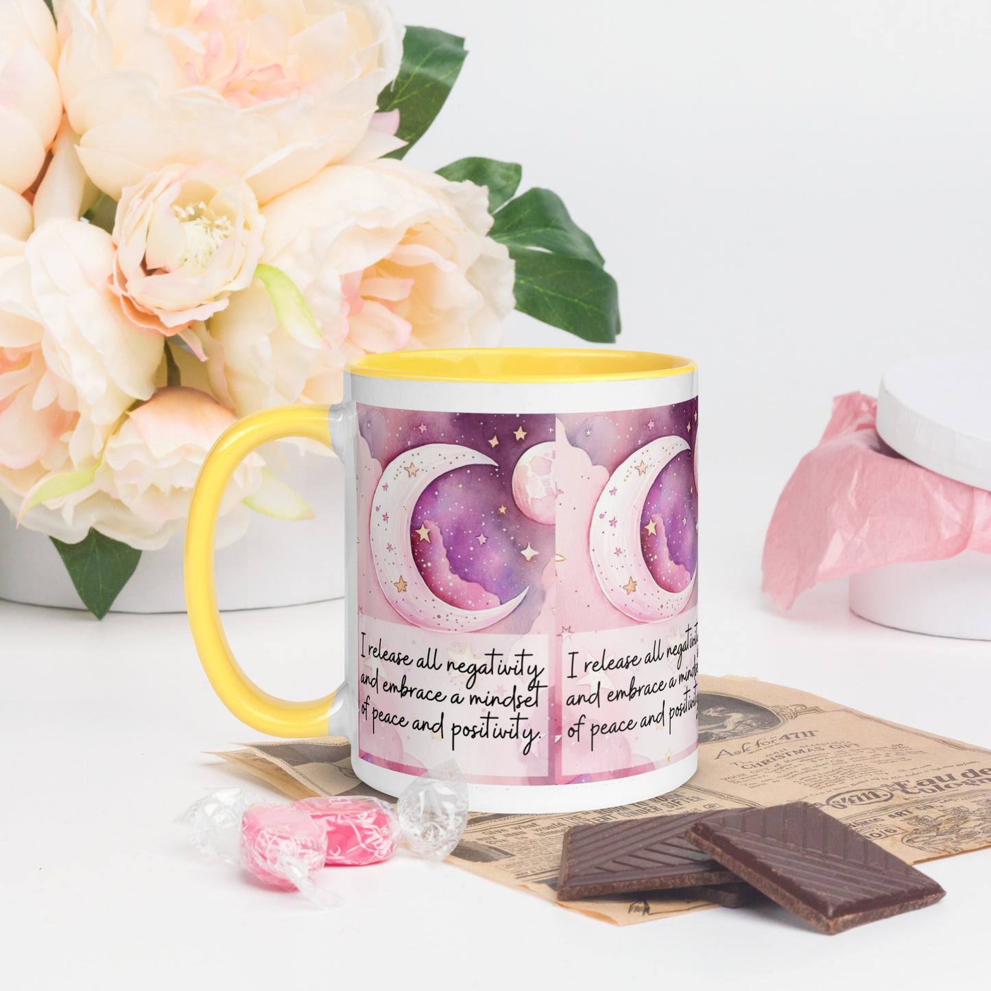 Positivity Affirmation Mug with Color Inside, I release all negativity and embrace a mindset of peace and positivity, pink moon, stars, night sky