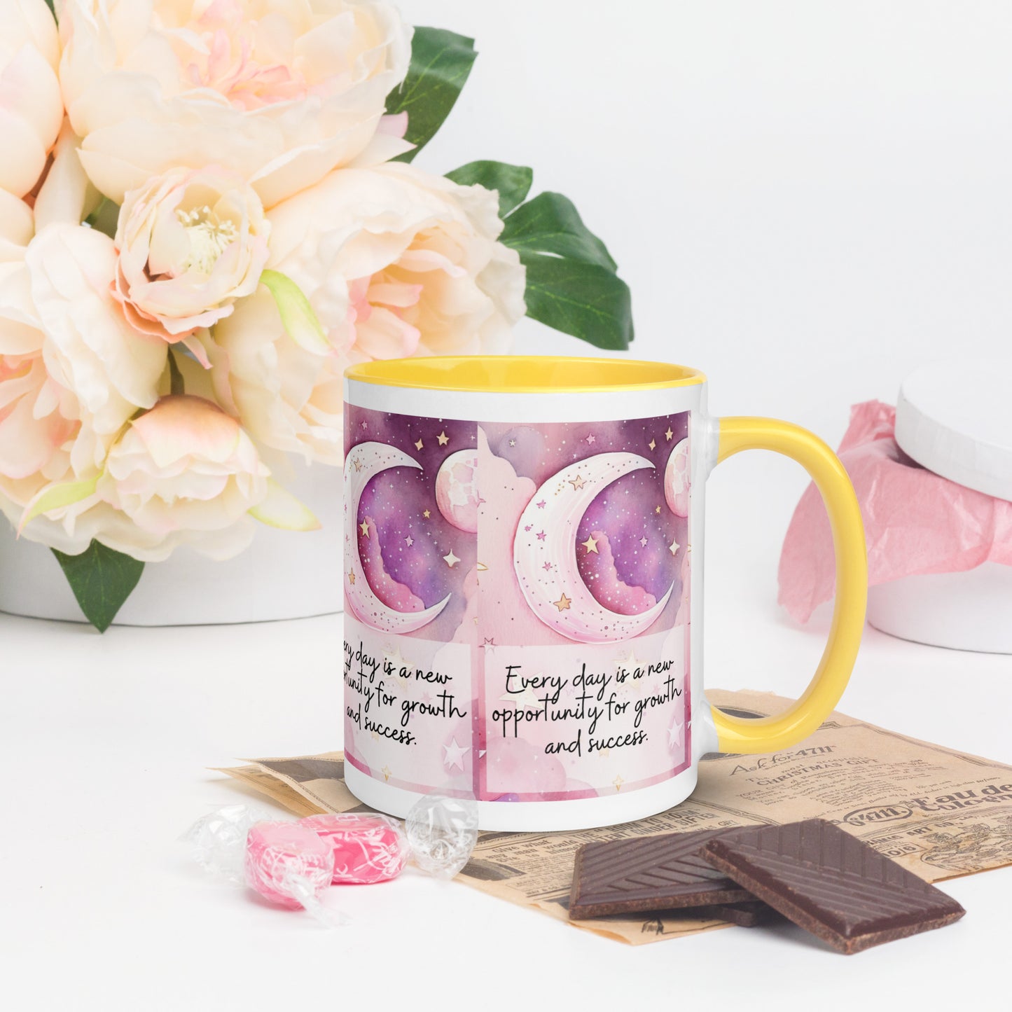 Positivity Affirmation Mug with Color Inside, Everyday is a new opportunity for growth and success, pink moon, stars, night sky