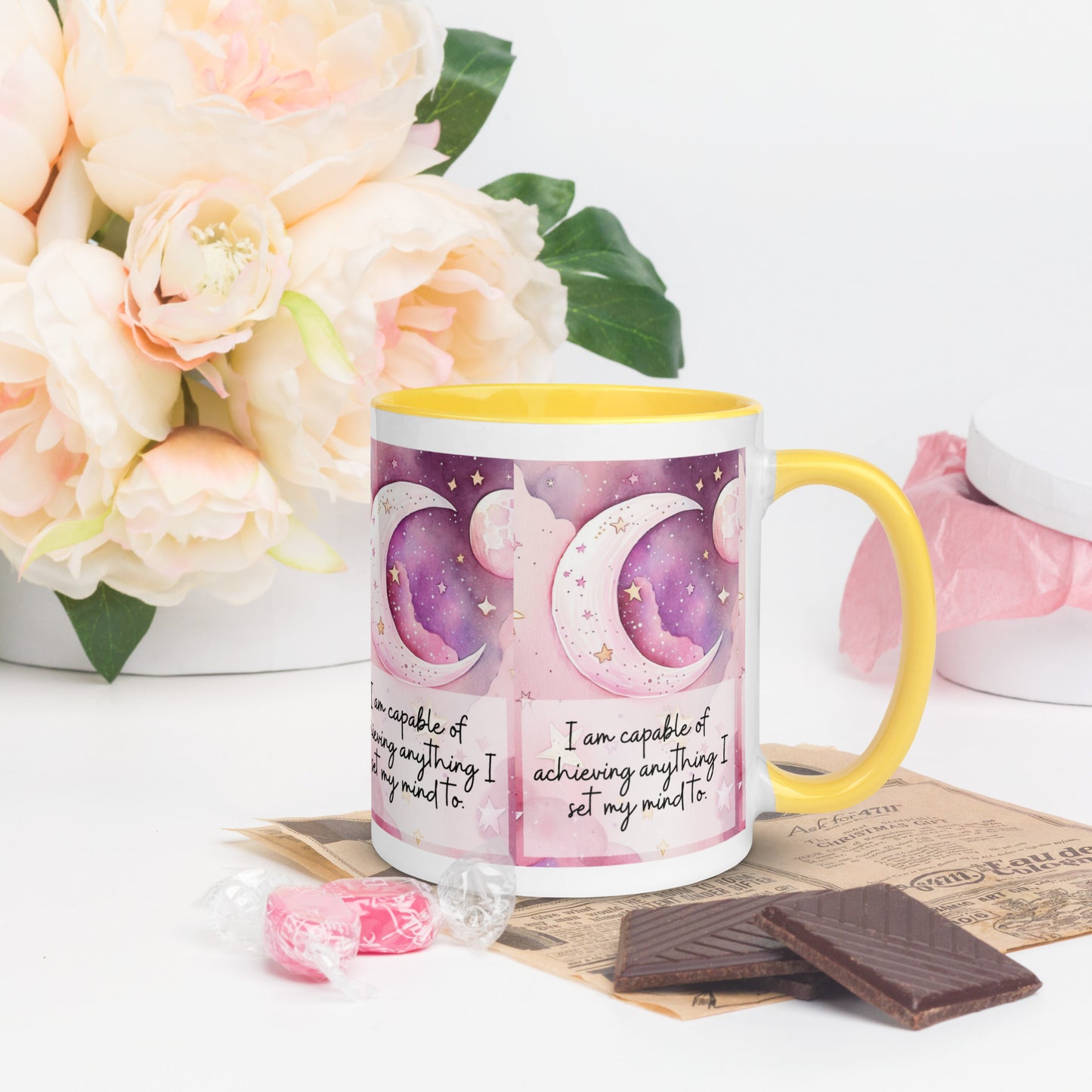 Positivity Affirmation Mug with Color Inside, I am capable of achieving anything I set my mind to, pink moon, stars, night sky