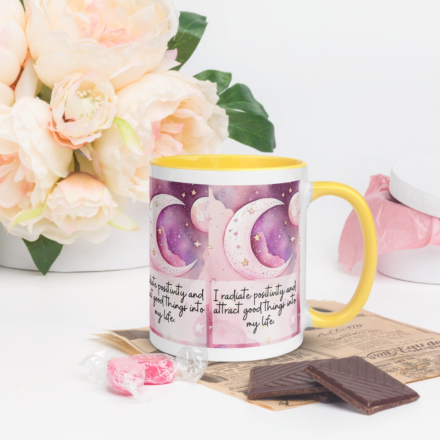 Positivity Affirmation Mug with Color Inside, I radiate positivity and attract good things into my life, pink moon, stars, night sky