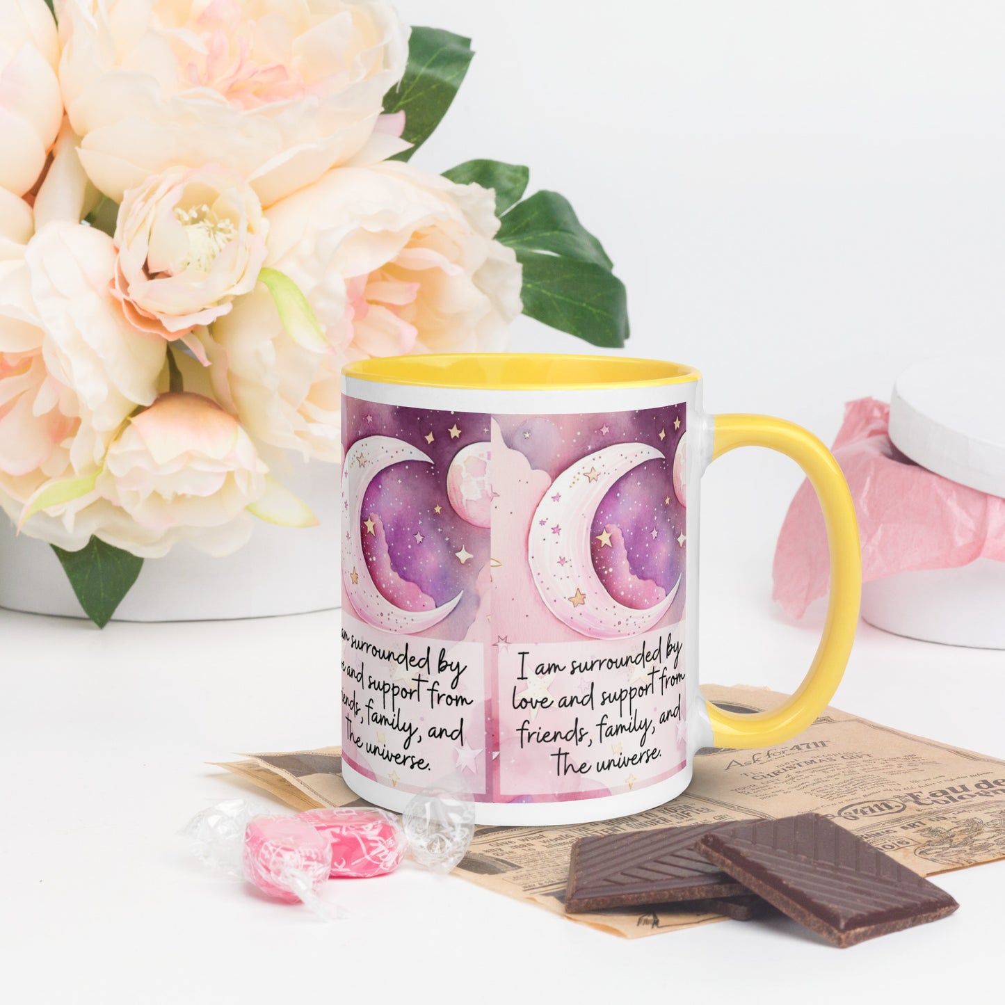 Positivity Affirmation Mug with Color Inside, I am surrounded by love and support from friends, family, and the universe, pink moon, stars, night sky